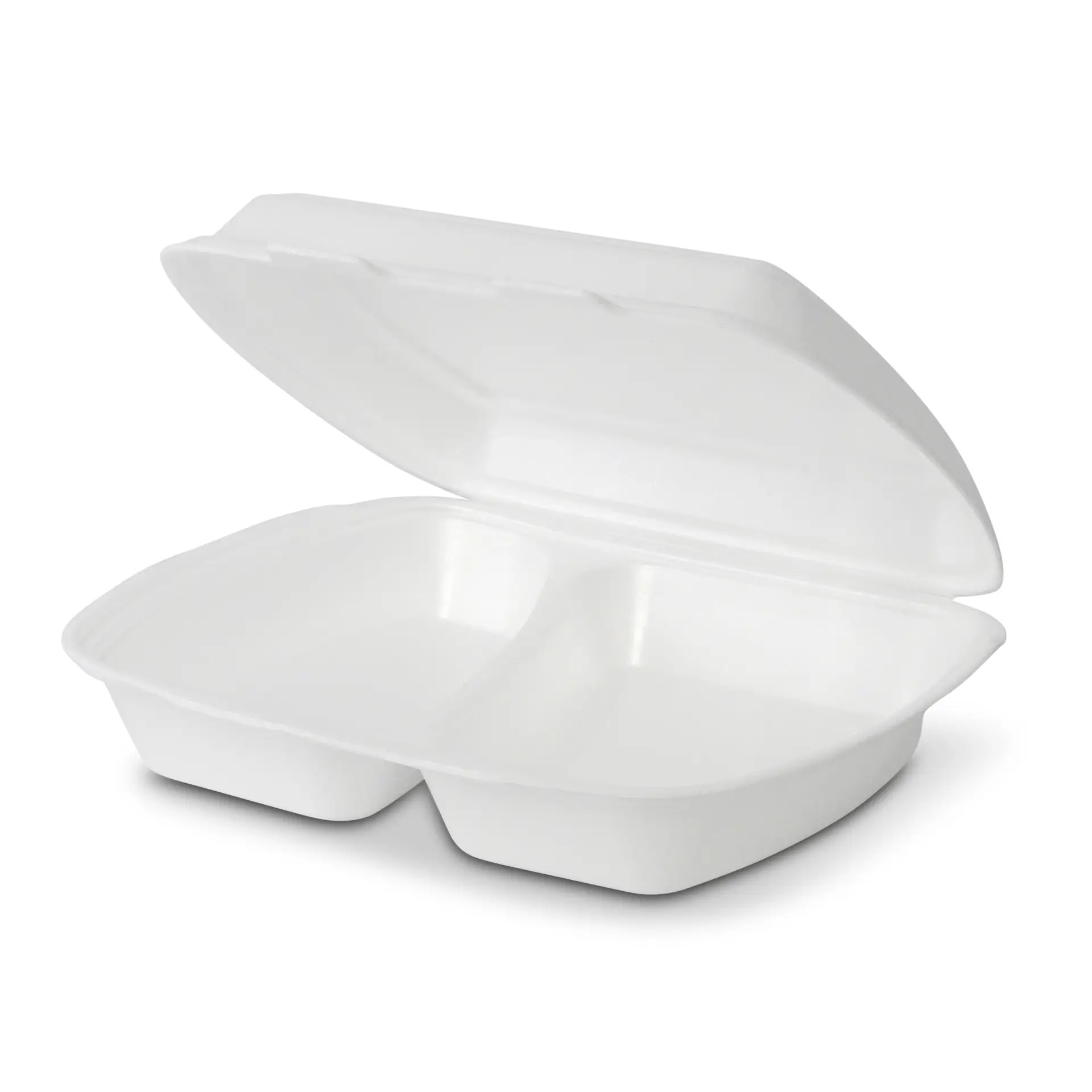 Biały pojemnik na jedzenie z dwoma przegrodami i zawiasową pokrywką, pokazany otwarty dla lepszej widoczności.