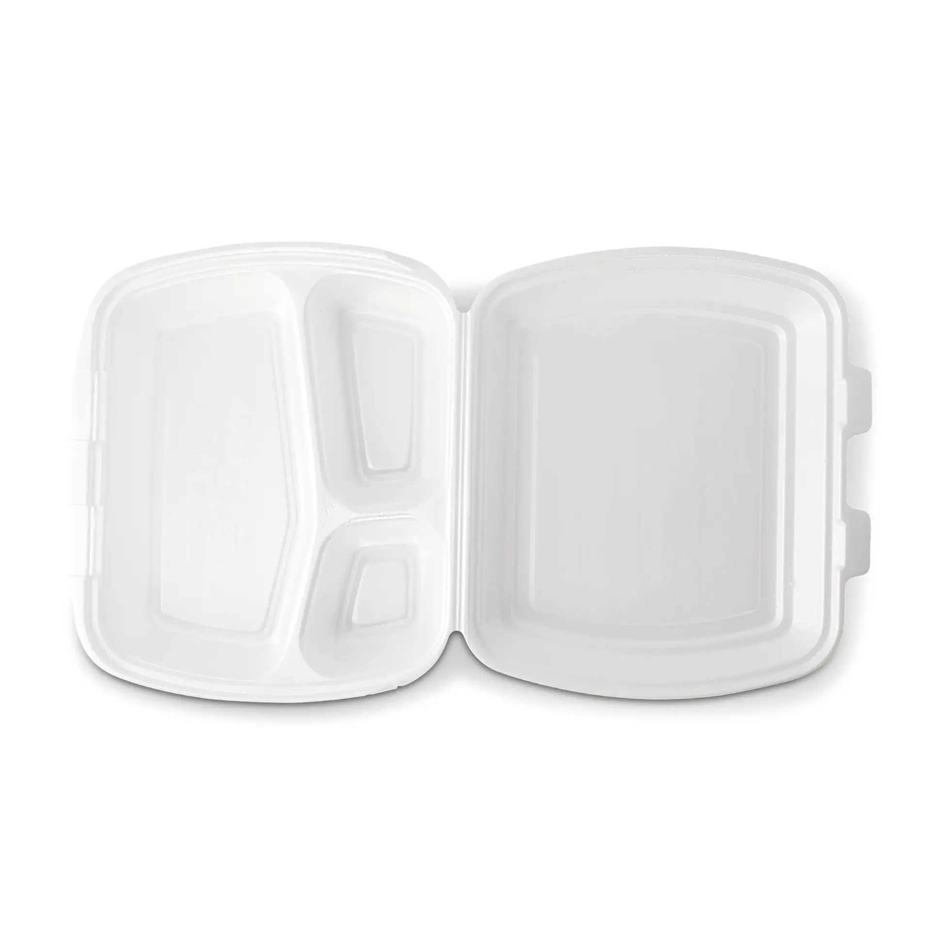 Biały pojemnik na jedzenie na wynos z jedną dużą sekcją i dwiema mniejszymi przegródkami.