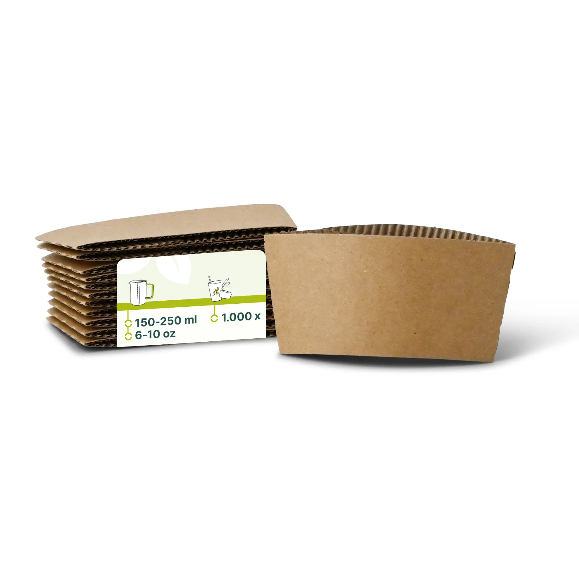 Brązowe rękawy z kartonu do papierowych kubków 150-250 ml, ułożone z jednym rękawem częściowo otwartym.