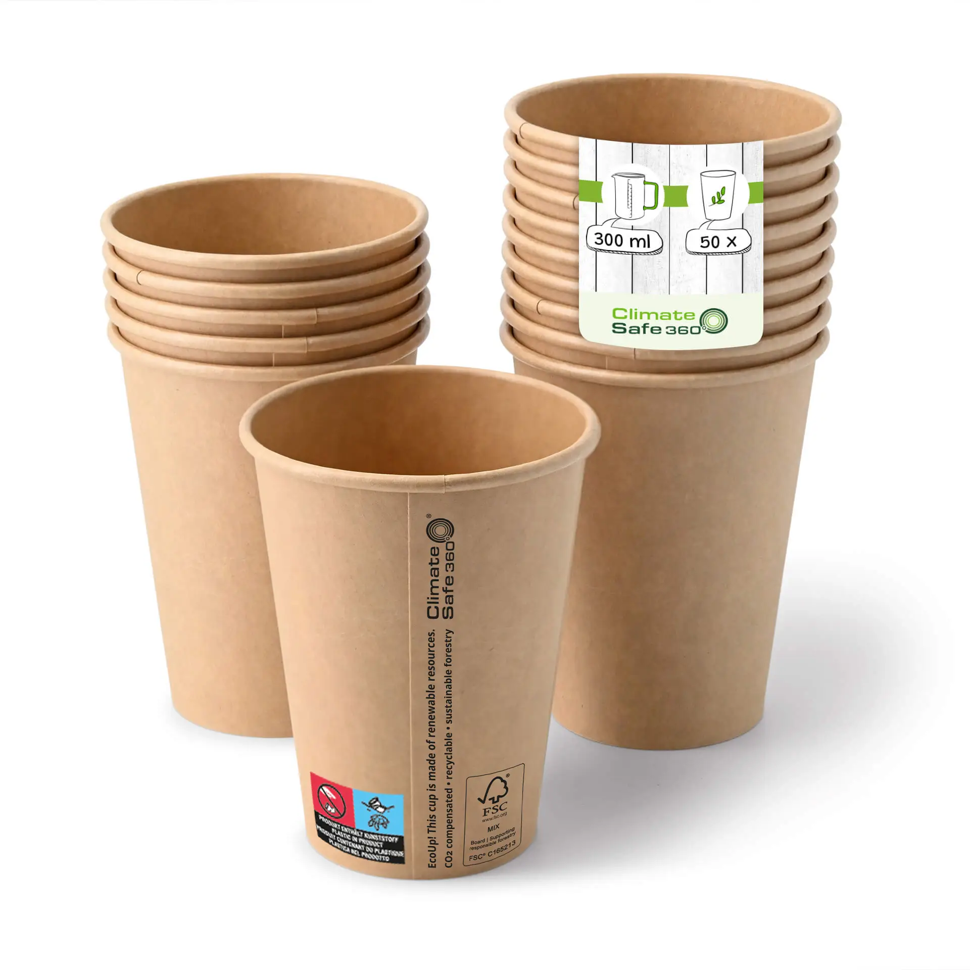 Jedna brązowa papierowa filiżanka na pierwszym planie z kilkoma stertami filiżanek w tle; dwie filiżanki mają etykietę z szczegółami produktu.