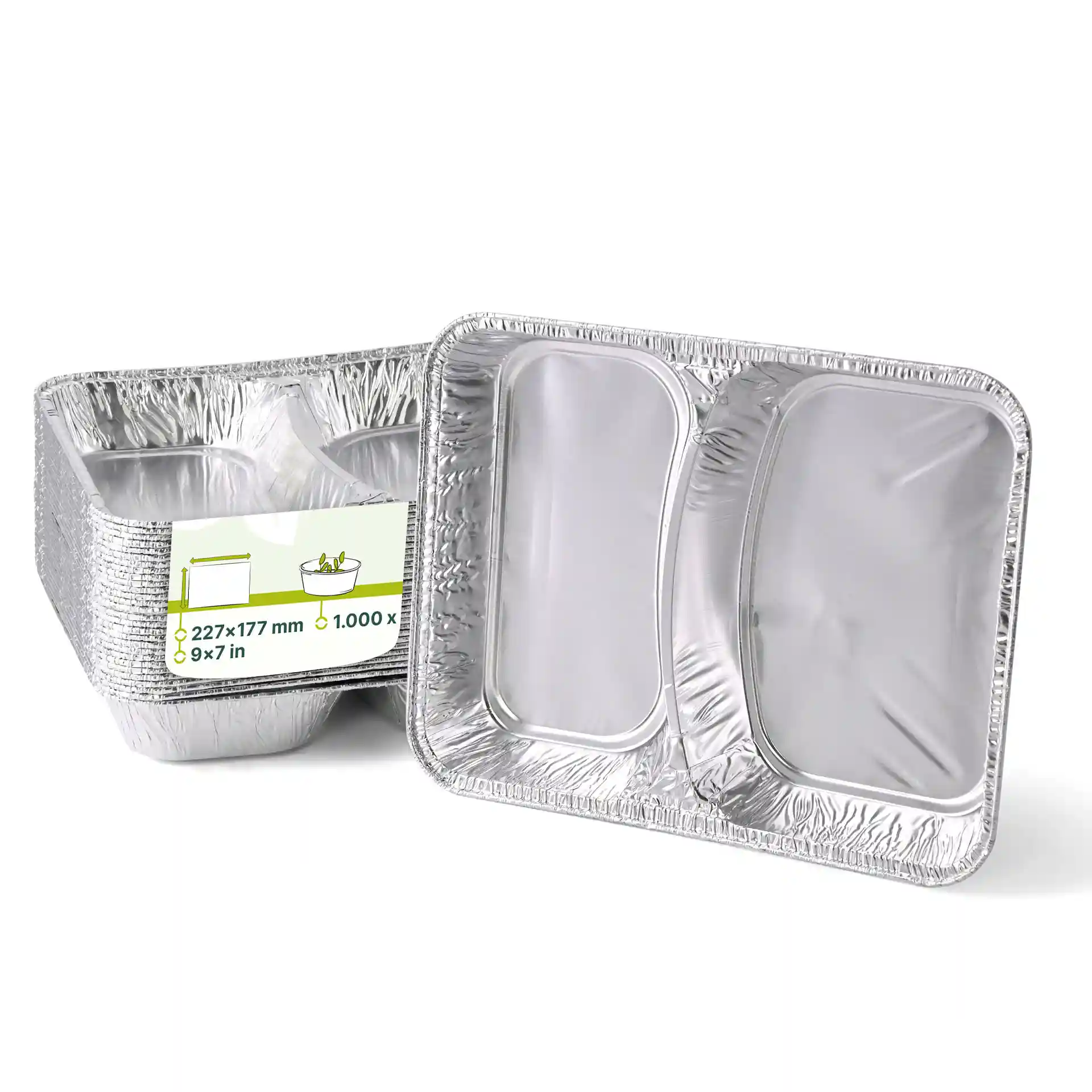Aluminiowe tace na posiłki z dwoma przegródkami, o wymiarach 227 x 177 mm, pokazane pod kątem na białym tle.