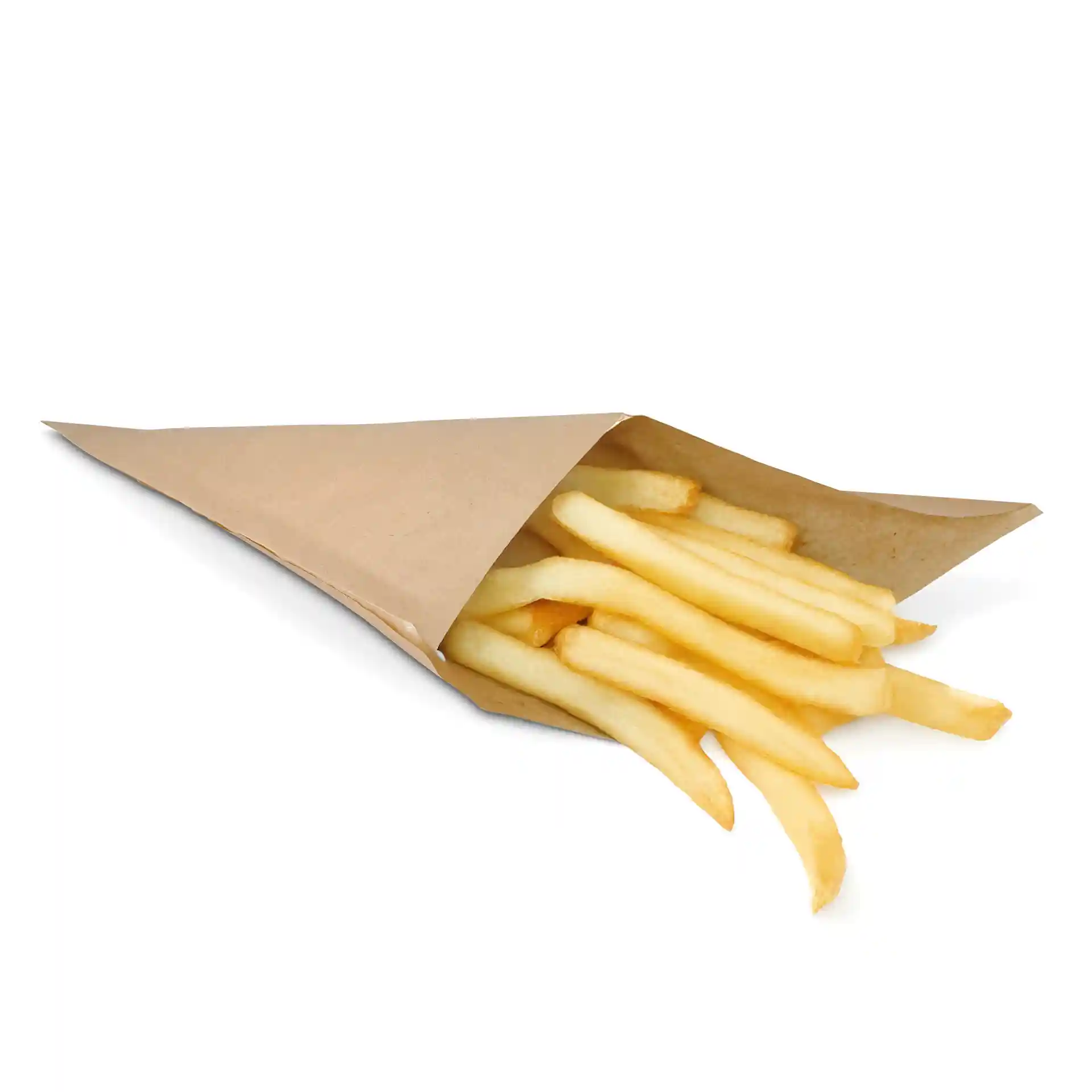 Brązka torba papierowa wypełniona frytkami, o wymiarach 23 cm na 23 cm, z powłoką odporną na tłuszcz.