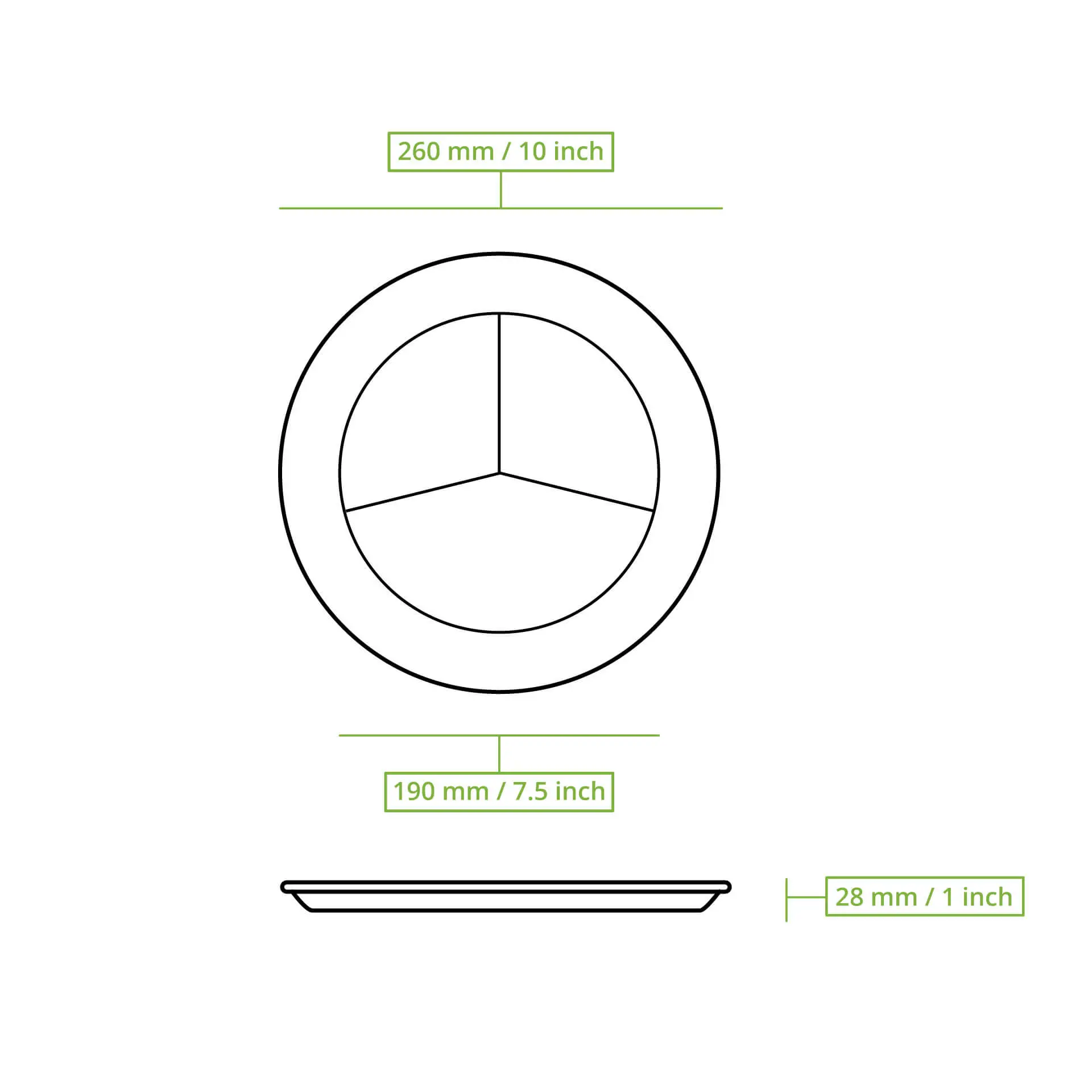 Okrągły talerzyk menu z trzciny cukrowej z trzema przegródkami, średnica 25 cm, głębokość 2,5 cm, biodegradowalny design.