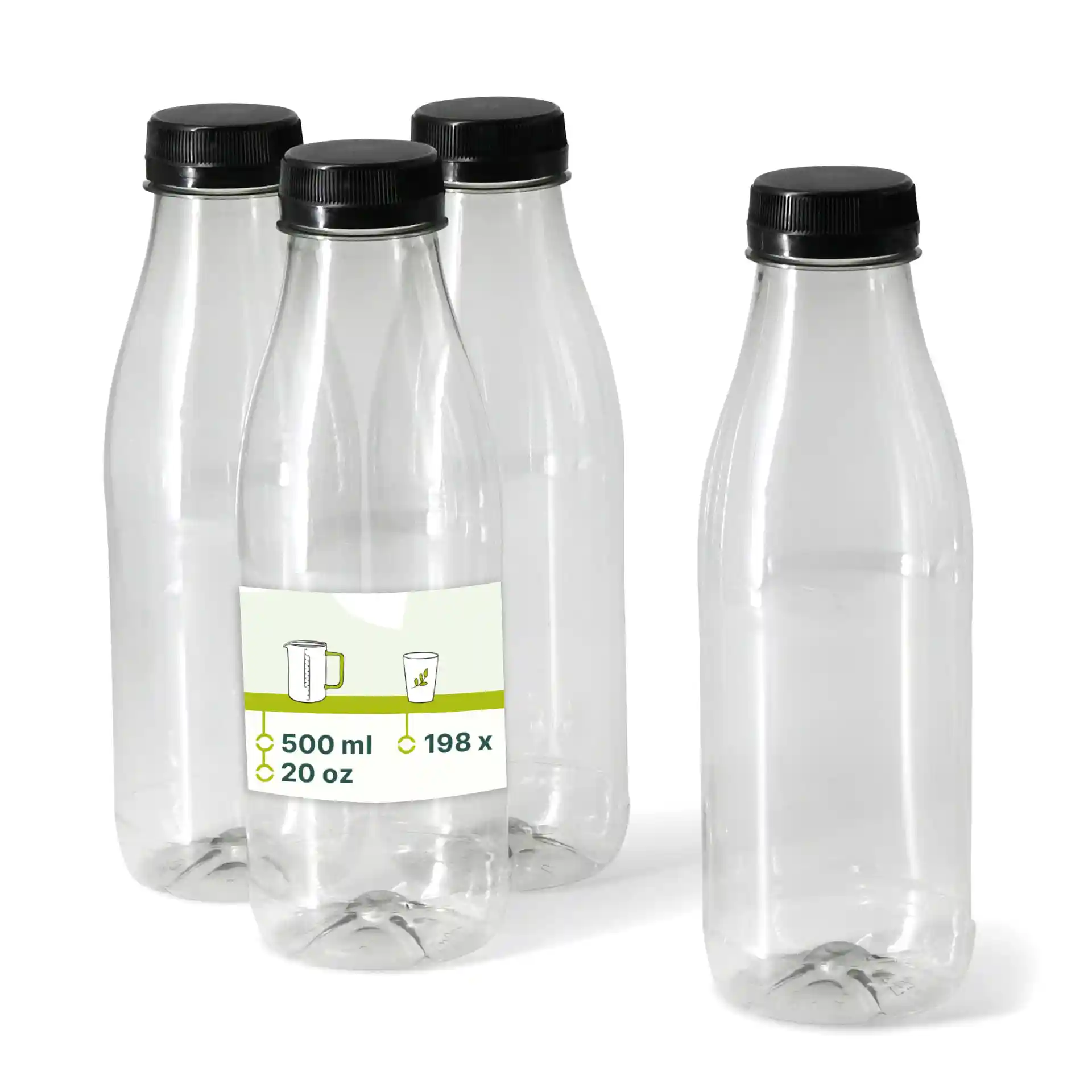 Przezroczyste butelki rPET z czarnymi zakrętkami, pojemność 500 ml, wyeksponowane w grupie czterech.