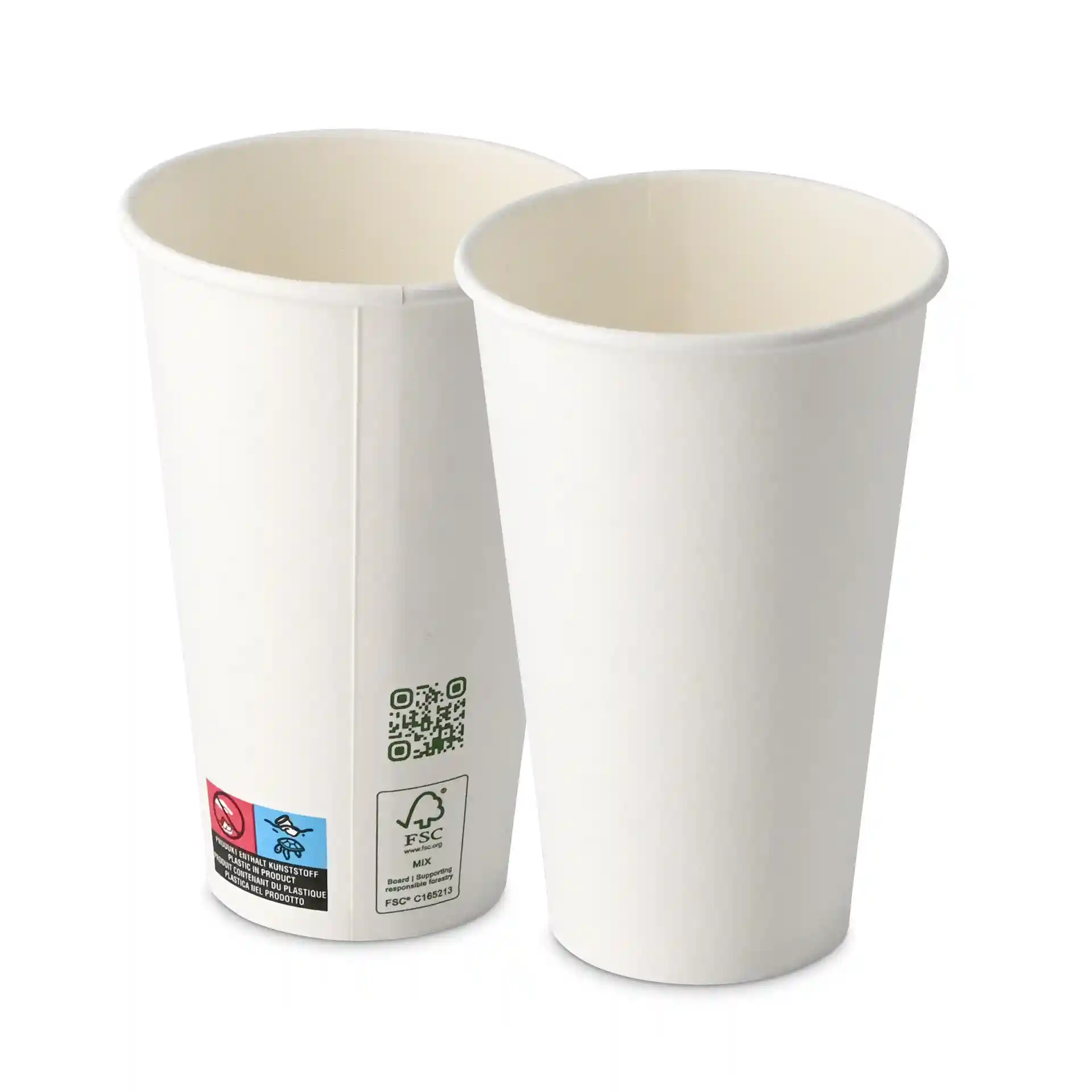 Dwa białe kubki papierowe, pojemność 400 ml, jednolita ścianka, średnica 90 mm, pokazane z boku.
