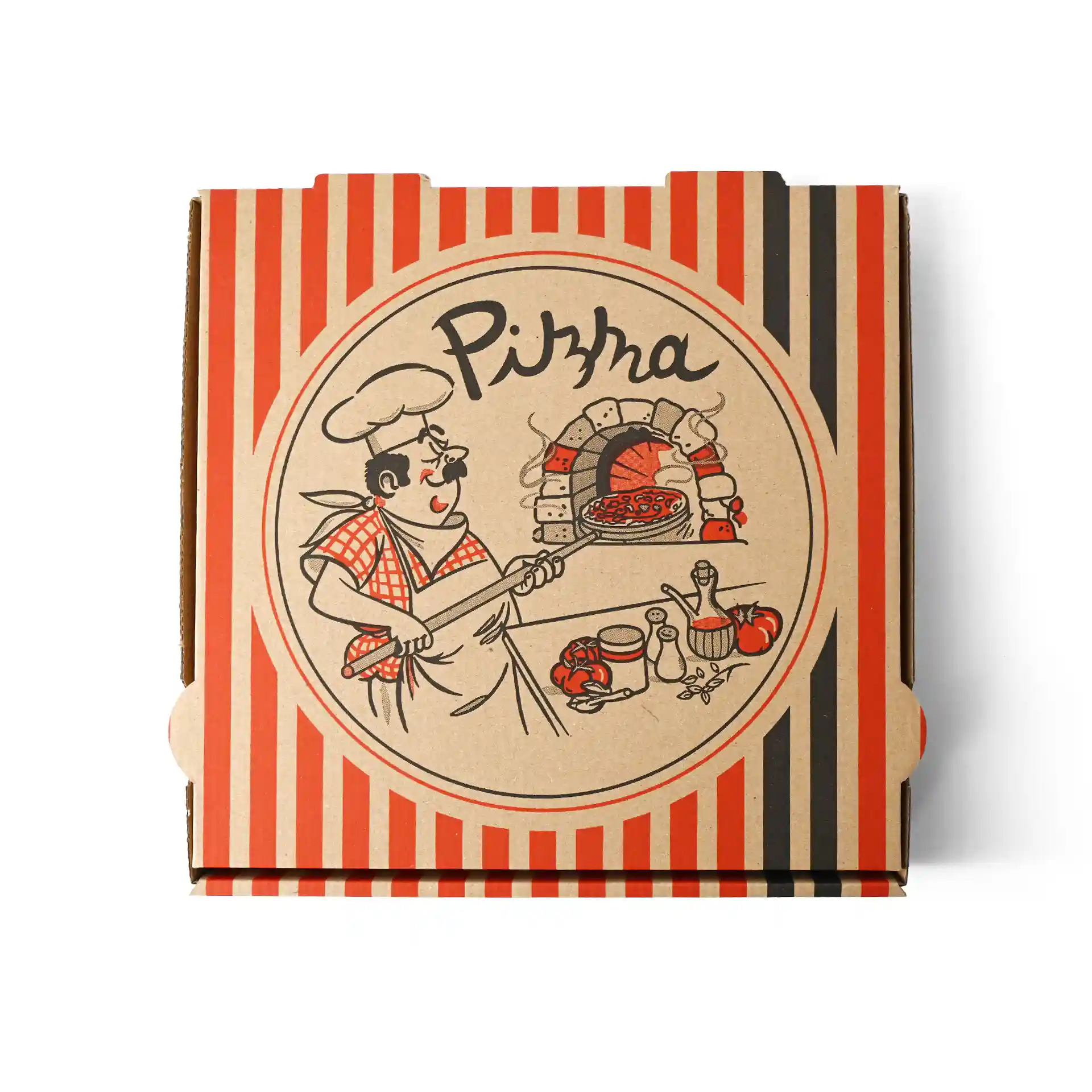 Pudełko na pizzę z wzorem kucharza pizzy, brązowy kolor, wymiary 28 x 28 x 4 cm.
