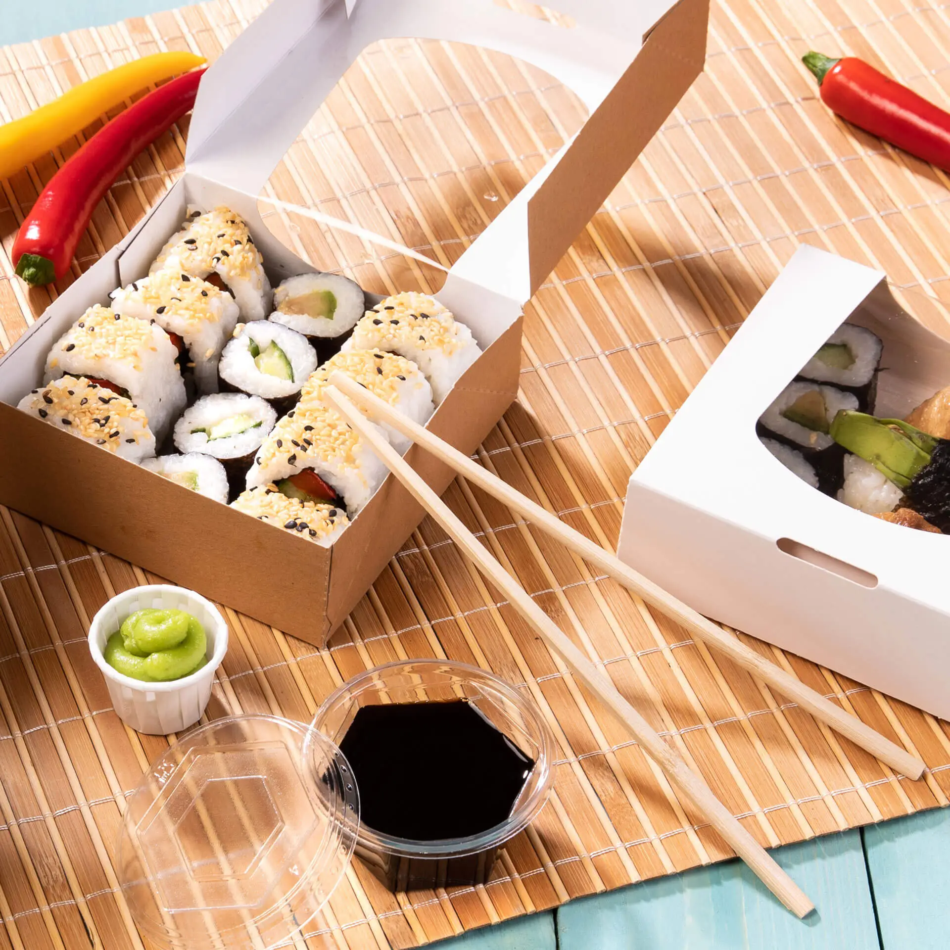 Pałeczki bambusowe obok sushi w pudełku na wynos z sosem sojowym, wasabi oraz czerwonymi i żółtymi paprykami na plecionym macie.