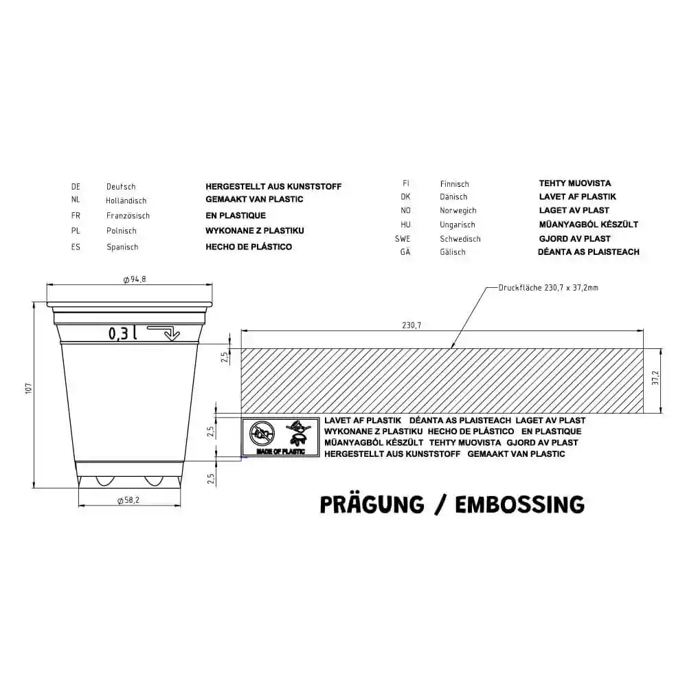 Schematyczny rysunek przezroczystego kubka z wymiarami i oznaczeniami, wysokość 107 mm, średnica 95 mm.