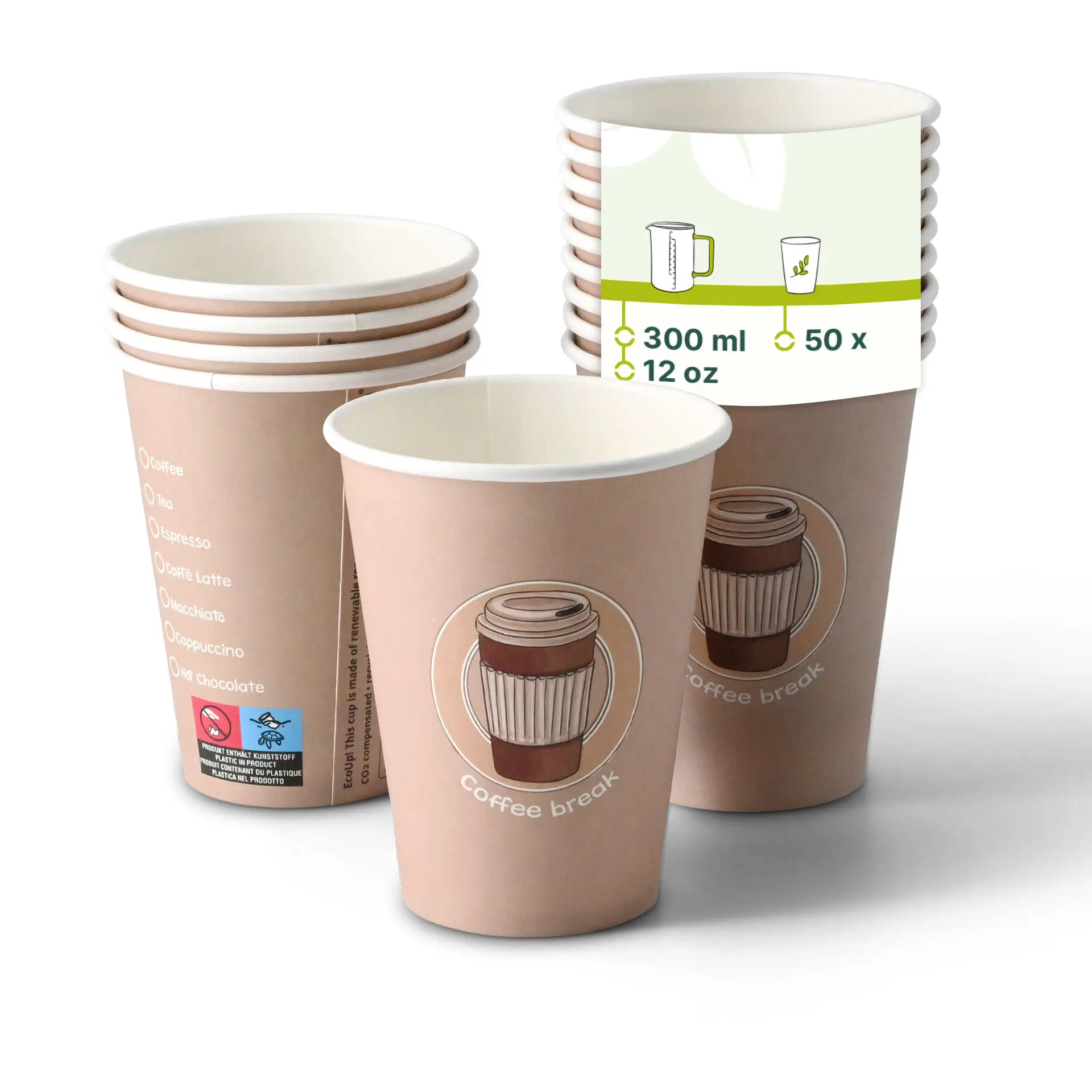 Jeden biały papierowy kubek o pojemności 12 oz z nadrukiem "Coffeebreak"; z tyłu kilka podobnych kubków, pokazujących ich wnętrza.