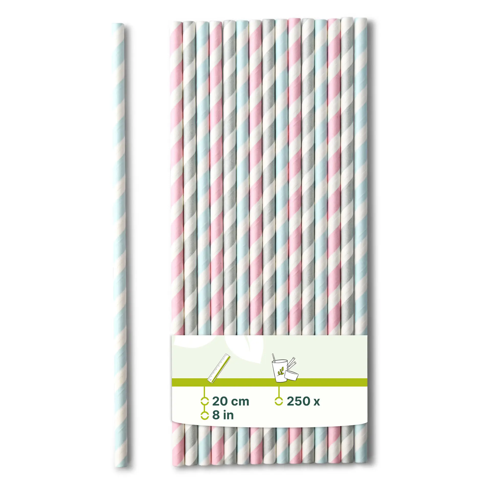 Jedna pastelowa, paskowana słomka papierowa, 20 cm długa; wiele podobnych słomek w grupowej ekspozycji z etykietą opakowania poniżej.
