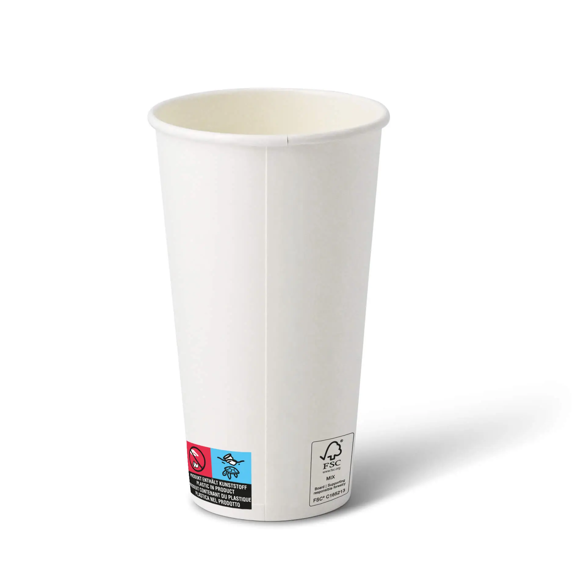 Biały papierowy kubek 20 oz o okrągłym kształcie i powłoce, z etykietą z symbolami z boku.