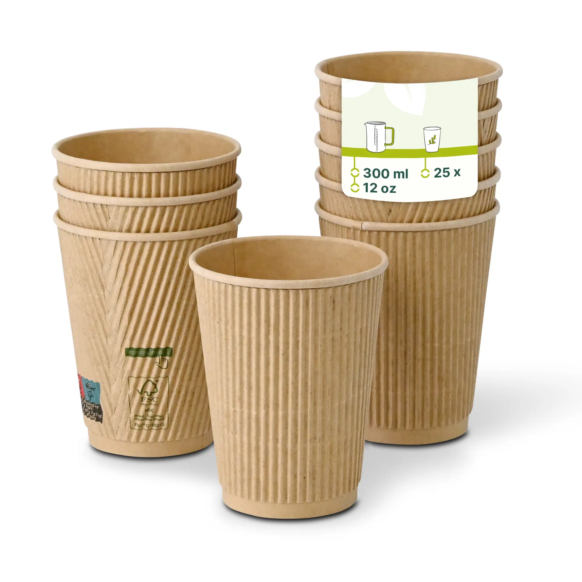 Jedna rżnięta kubek kraft o pojemności 12 oz, z kilkoma podobnymi kubkami obok; kubek ma wewnętrzną powłokę PLA i izolującą falistą ściankę.