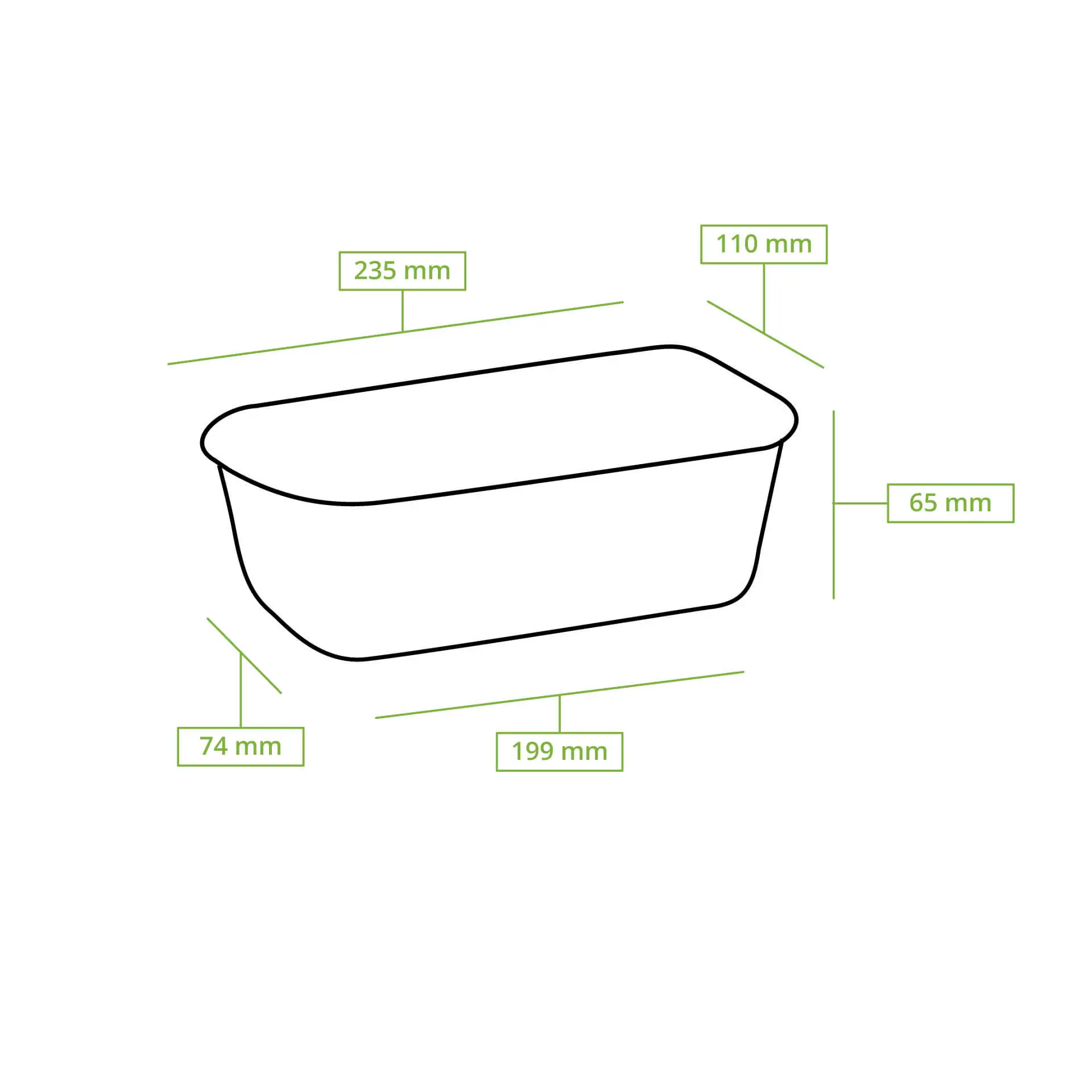 Prostokątna brązowa forma do pieczenia z biodegradowalnego papieru kakaowego; wymiary 235 mm x 110 mm x 65 mm.