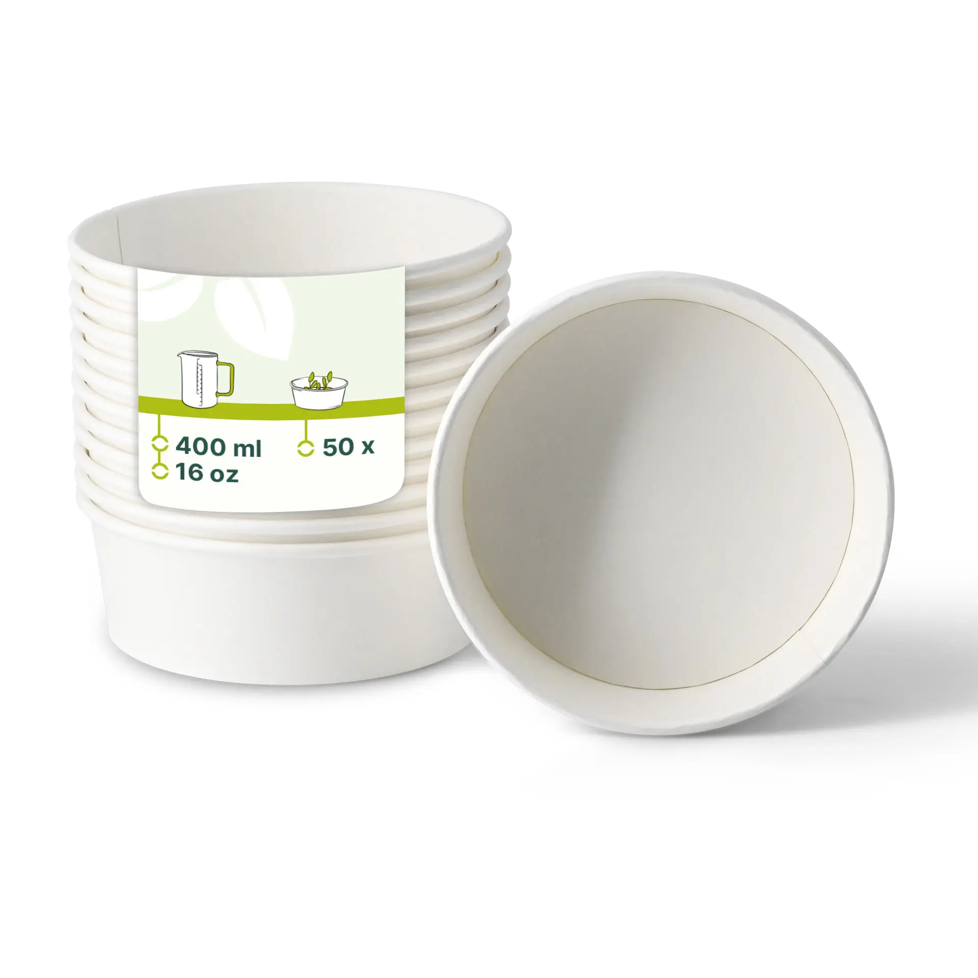 Jedna biała papierowa miska na sałatkę na pierwszym planie; kilka podobnych misek ułożonych za nią, z etykietą informującą o pojemności i szczegółach pakowania.