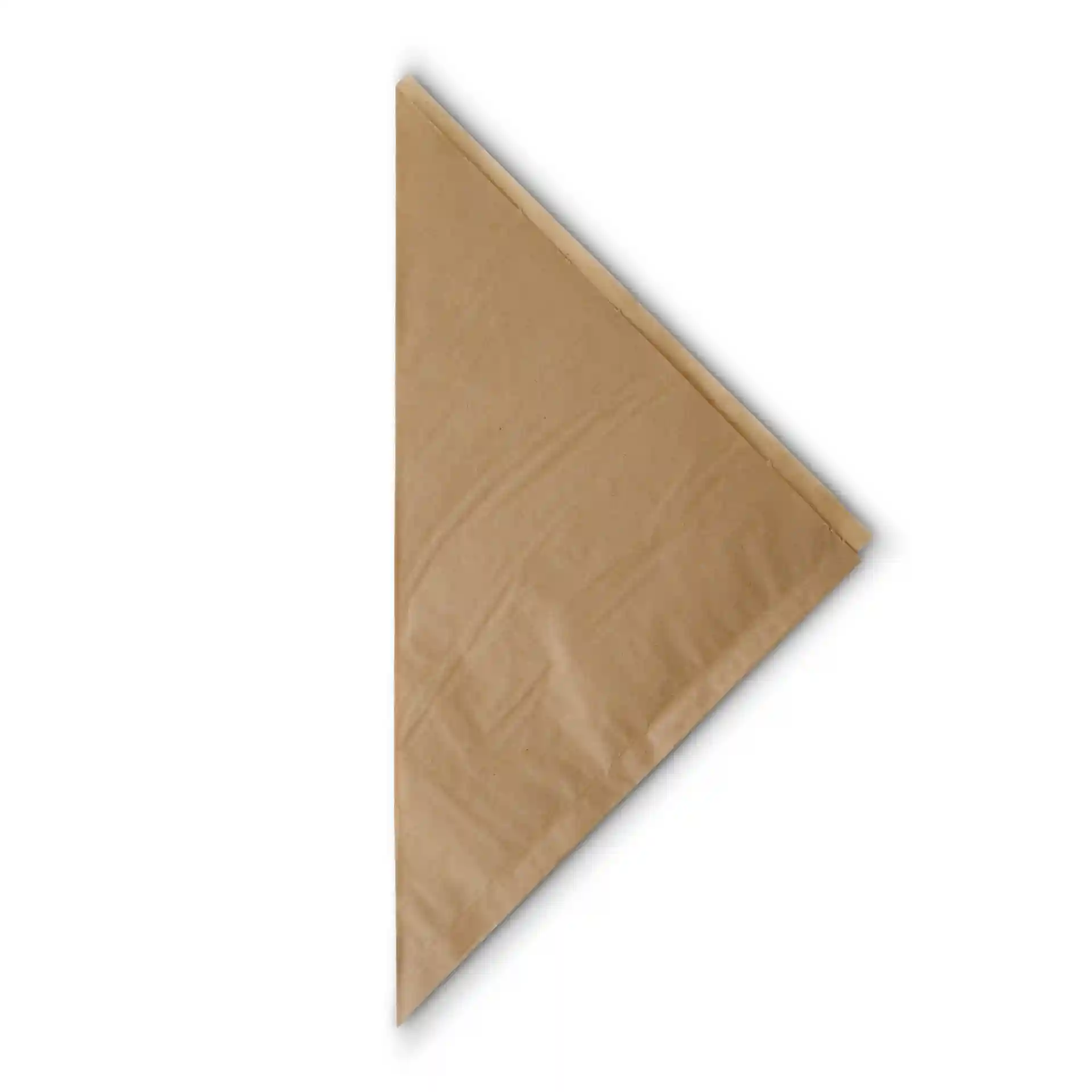 Brązowa papierowa torba na frytki, odporna na tłuszcz, w kształcie trójkąta, o wymiarach 23 × 23 cm.