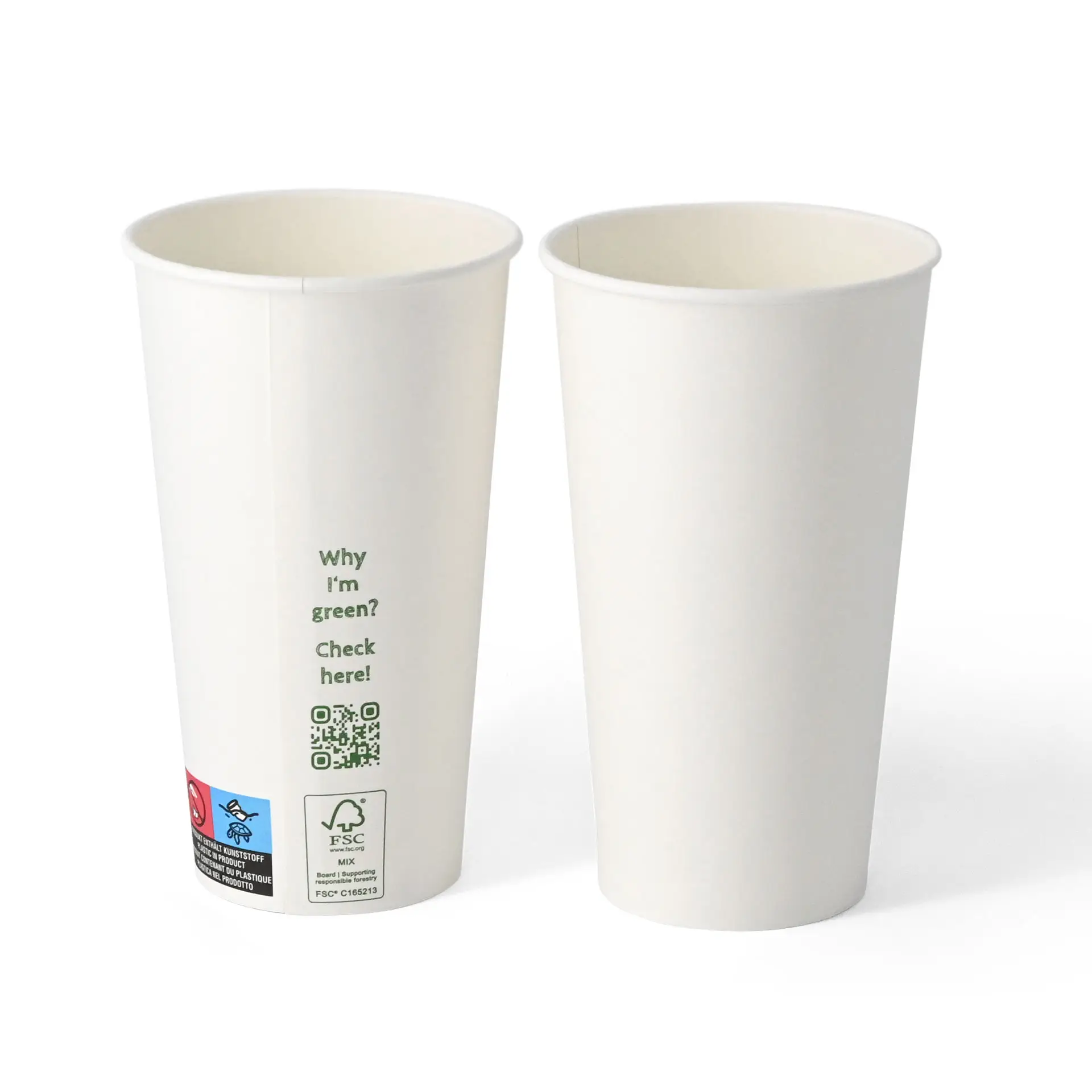 Jednowarstwowy biały kubek papierowy, 500 ml, pokryty PLA, z informacjami ekologicznymi i kodem QR po boku.