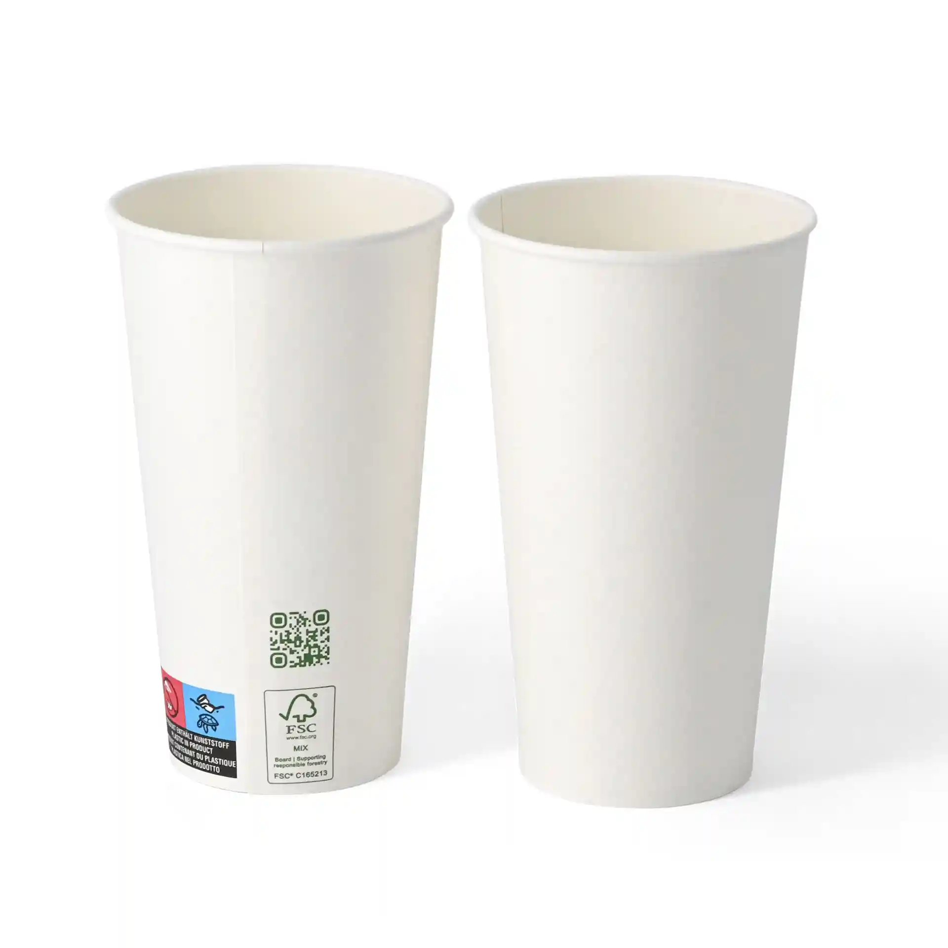 Dwa białe kubki papierowe z pojedynczą ścianką, pojemność 500 ml i średnica 90 mm, z etykietami z boku.