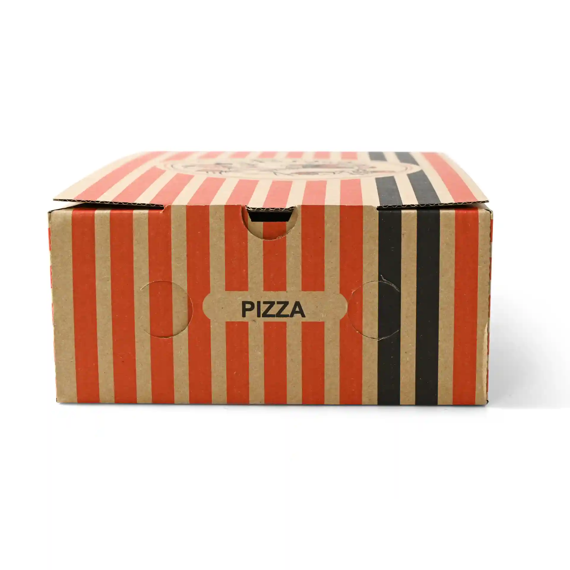 Brąskie pudełko na pizzę z czerwonymi i czarnymi paskami, z okrągłym wzorem kucharza pizzy i etykietą "PIZZA".