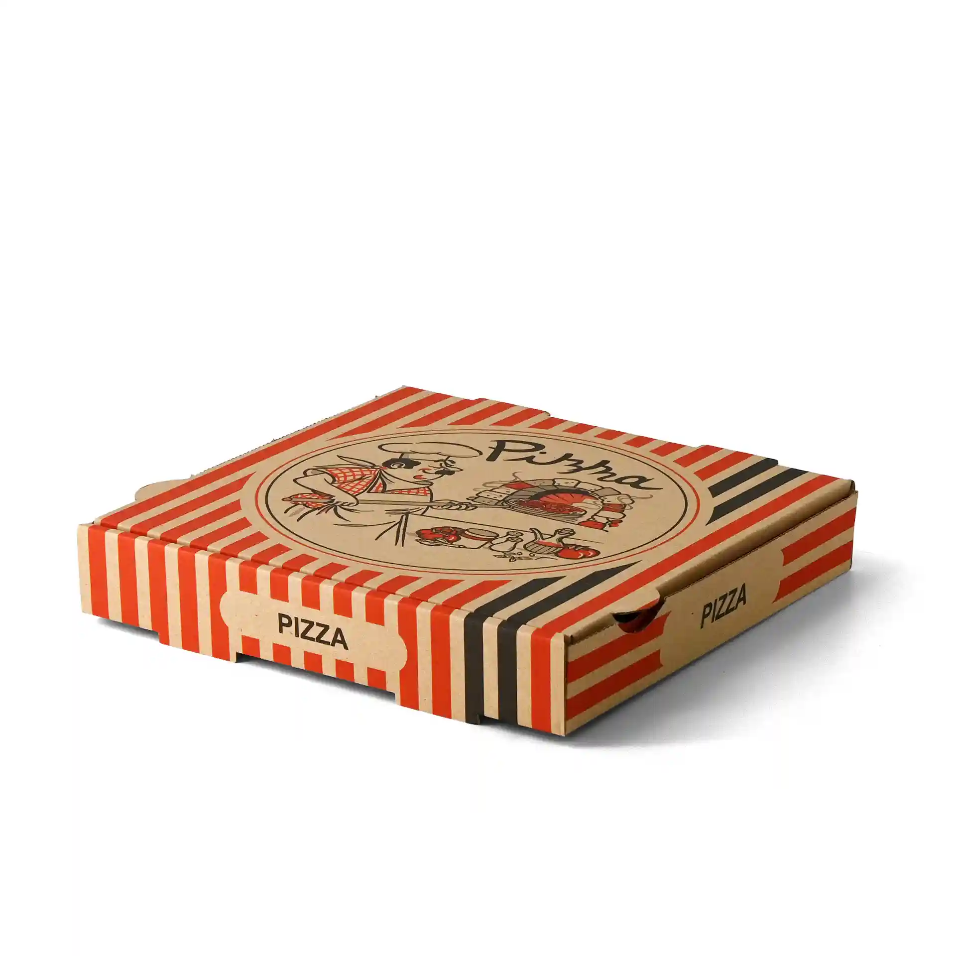 Brąski karton na pizzę z wzorem kucharza, 28 x 28 x 4 cm, z czerwonymi i czarnymi paskami.