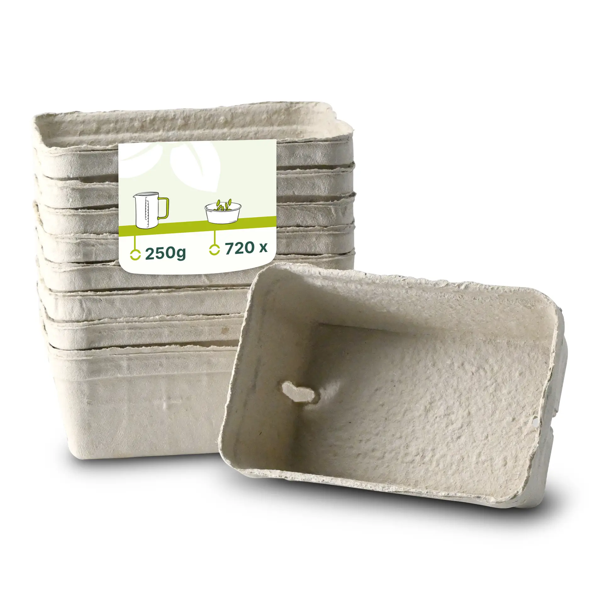 Białe tacowanie na jagody z tektury drzewnej, odpowiednie do świeżych owoców; jedno tacowanie z nałożonymi tacami z tyłu.