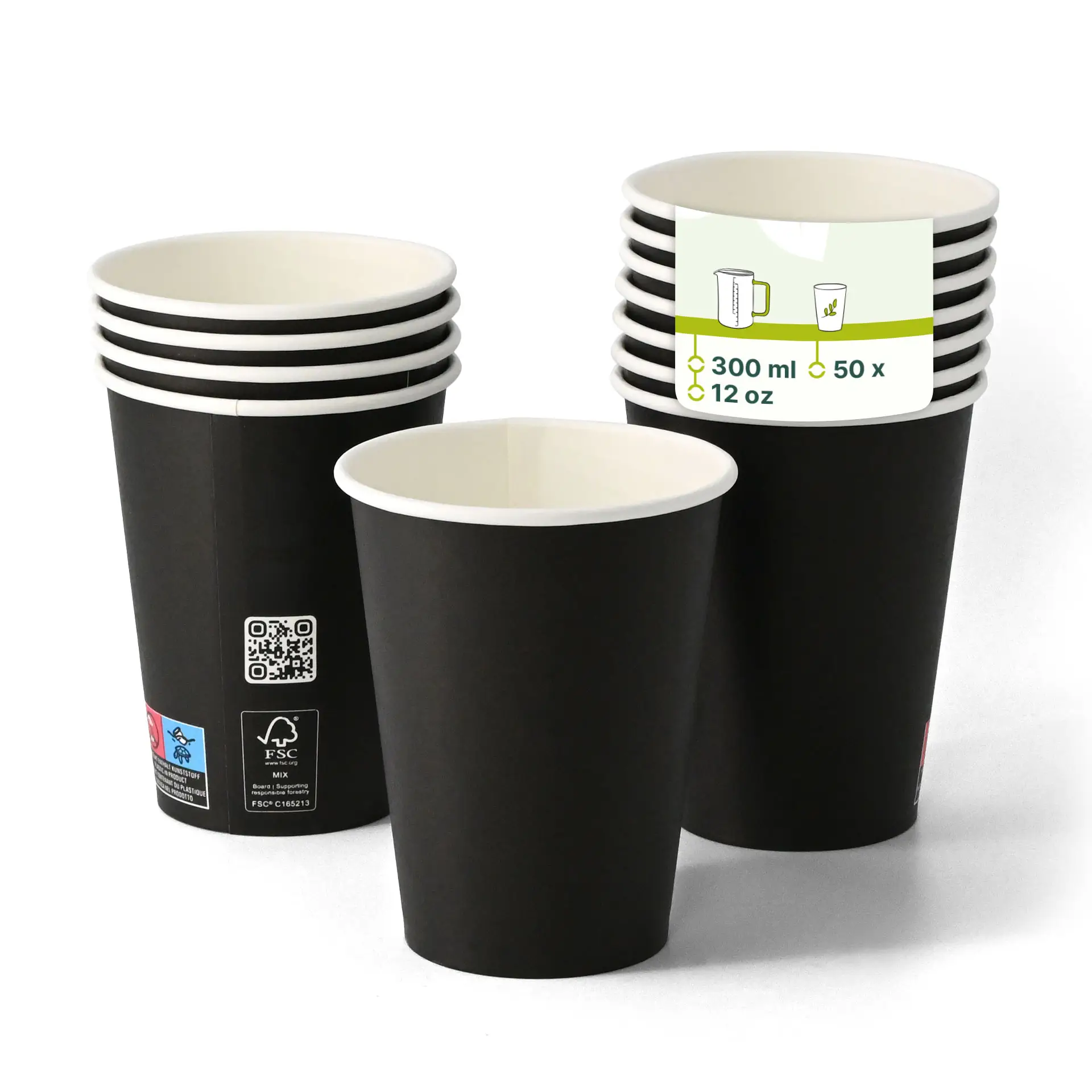 Czarny papierowy kubek jednoscienny, 300 ml, pokryty PLA, odpowiedni do napojów ciepłych i zimnych.