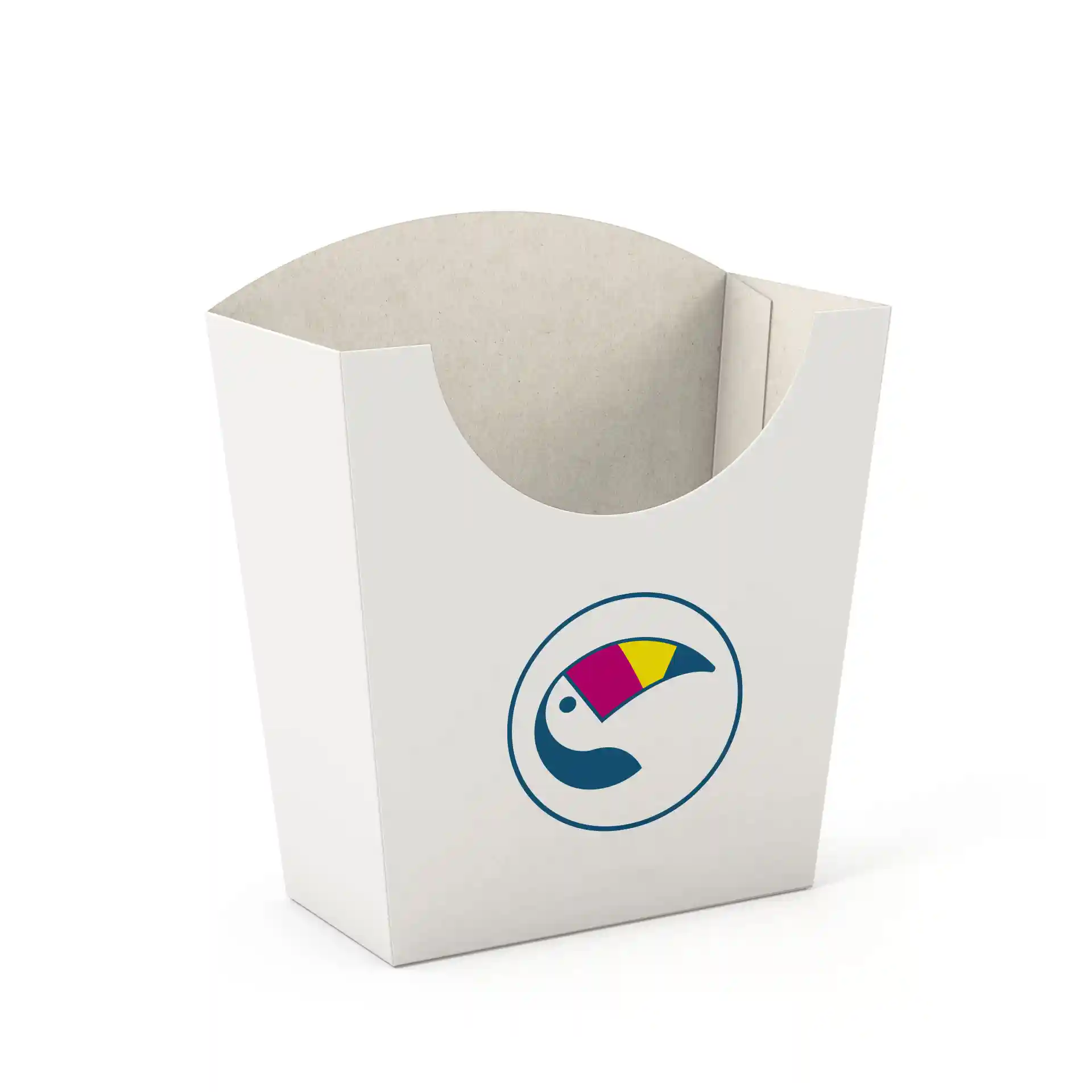 Biały prostokątny łopatka do frytek z zaokrąglonym wierzchołkiem i kolorowym logo tukana. Wymiary: 12 × 5,9 × 13,5 cm.