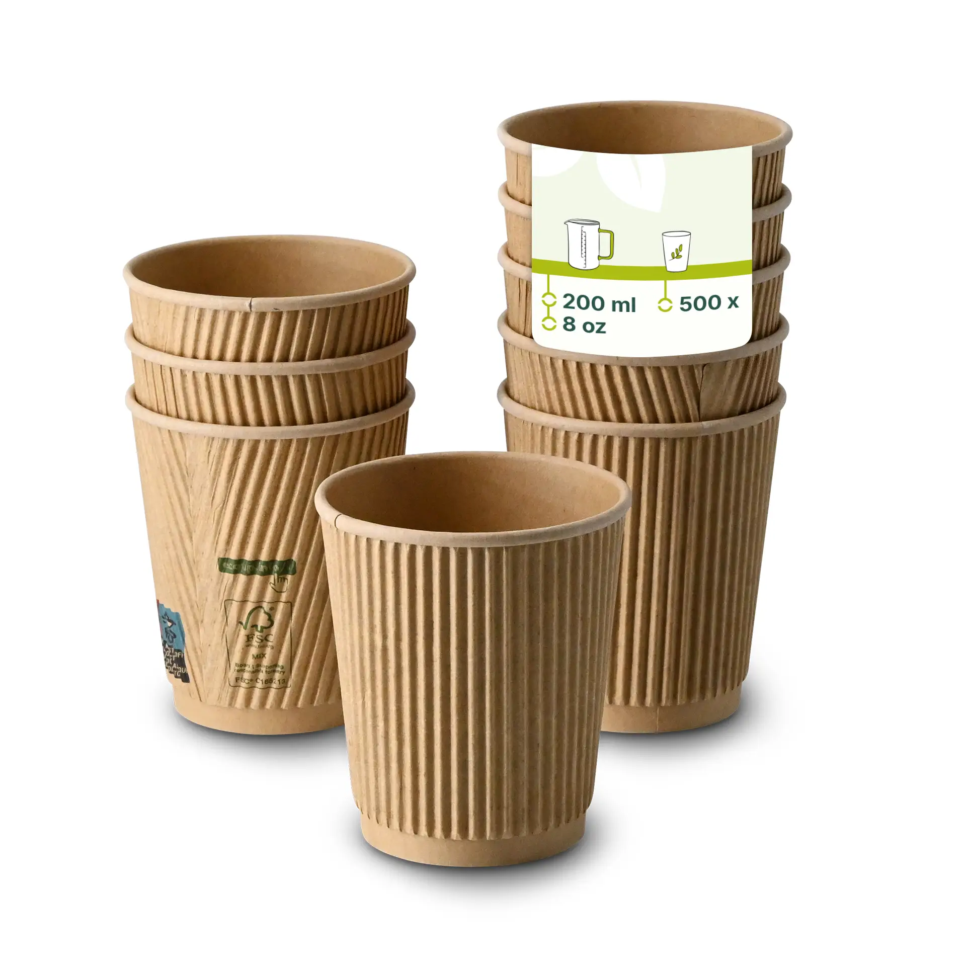 Stosowane karbowane kubki z papieru kraft, z jednym kubkiem z przodu z etykietą wskazującą pojemność 200 ml i 8 oz.