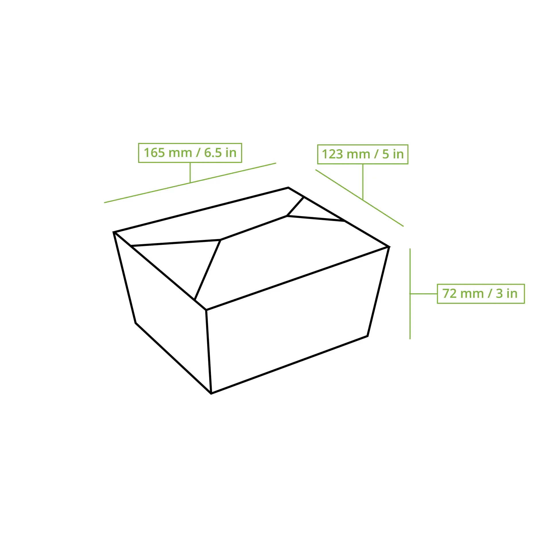 Kartonowe pudełko na wynos (1200 ml) w brązowym, z wymiarami: 165 mm (długość), 123 mm (szerokość) i 72 mm (wysokość).
