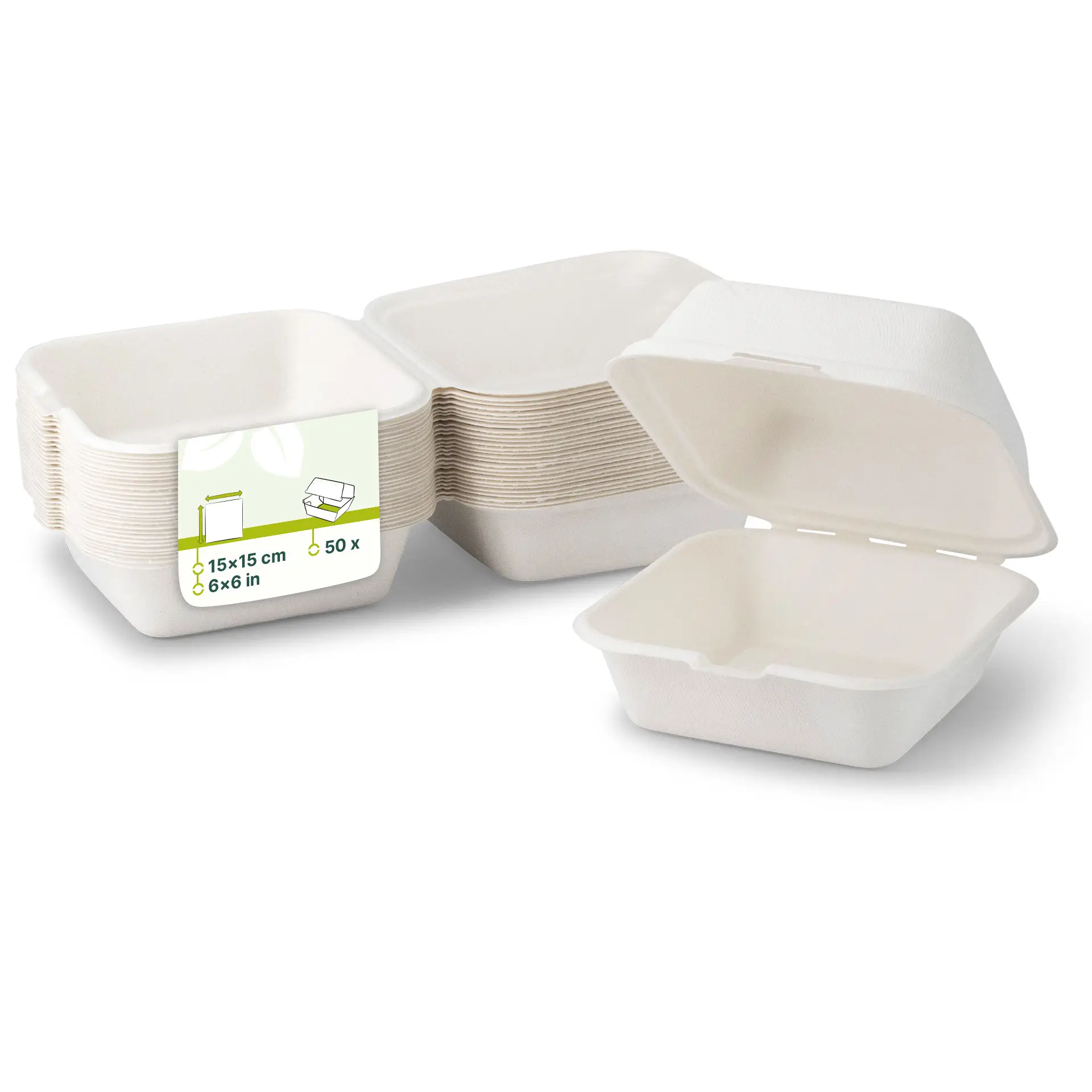 Biodegradowalne pudełka na burgery z trzciny cukrowej, 15x15 cm, pokazywane w stosie z jednym otwartym; etykieta wskazuje brak dodatków lub powłok.