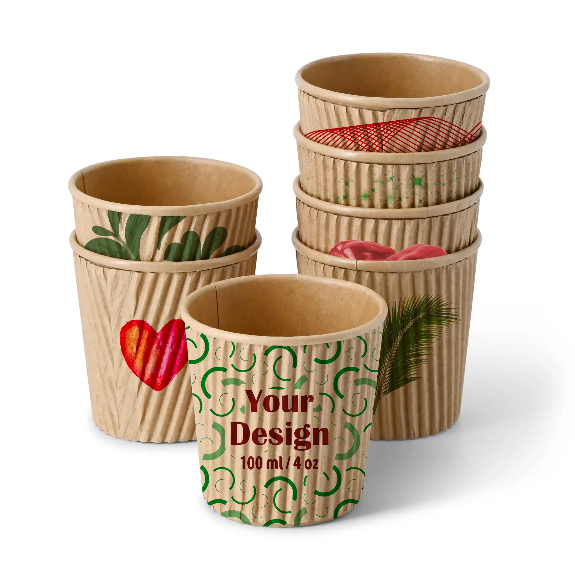 Ribbed brązowe kubki na wynos, zaprojektowane do gorących i zimnych napojów, z różnymi nadrukami, w tym zielonym wzorem spirali i sercem.