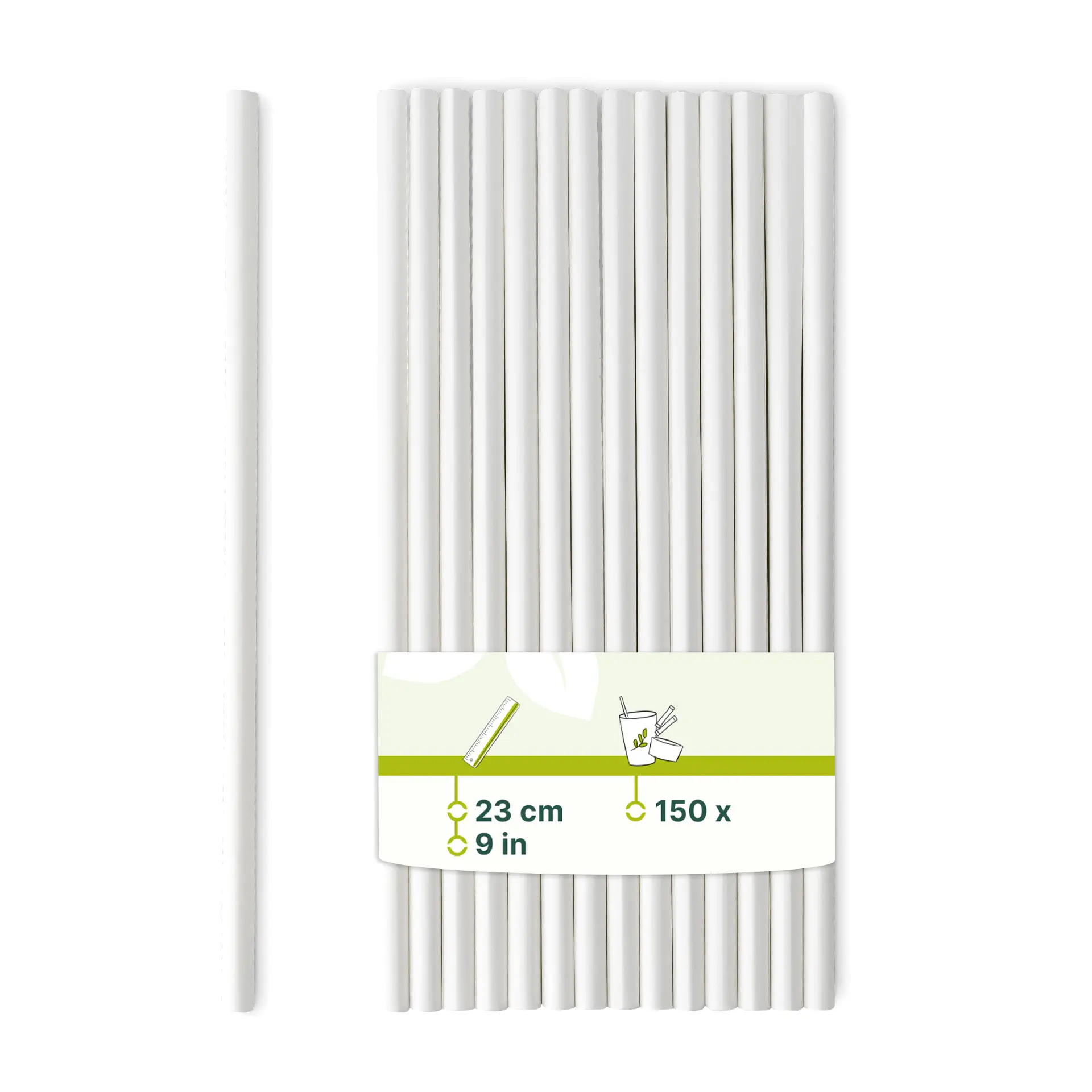 Jedna biała jumbo słomka papierowa z etykieta wskazującą wymiary (23 cm) pośród kilku podobnych słomek.