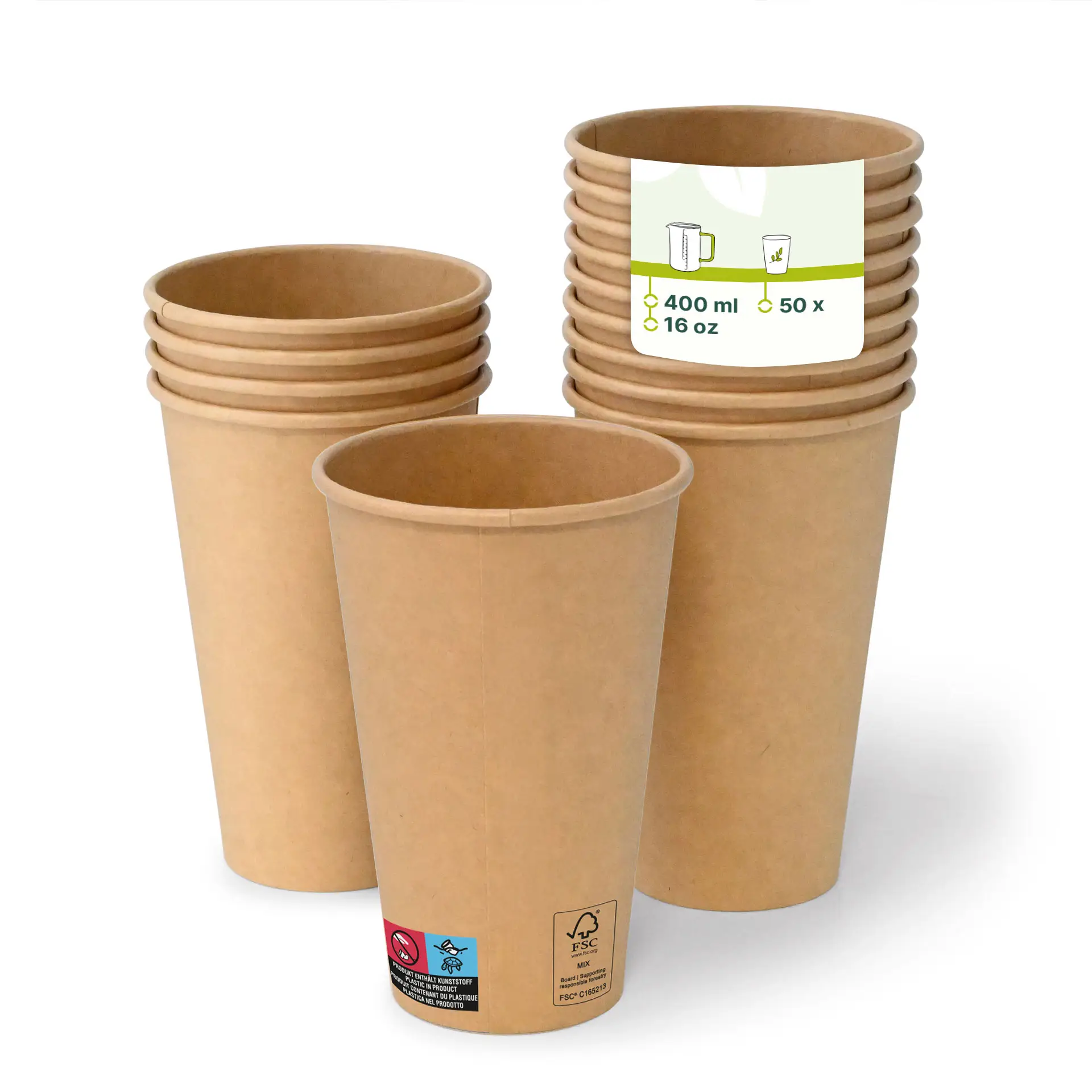 Jedna brązowa papierowa filiżanka (16 oz) na pierwszym planie z innymi ustawionymi w tle; filiżanka ma powłokę PE i klasyczny design.