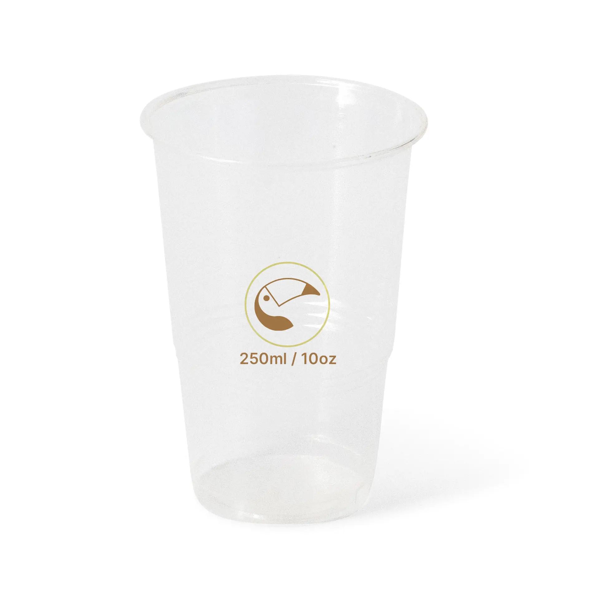 Przezroczysty kubek PLA 10 oz do zimnych napojów z nadrukowaną etykietą pojemności. Trwały i modułowy design.