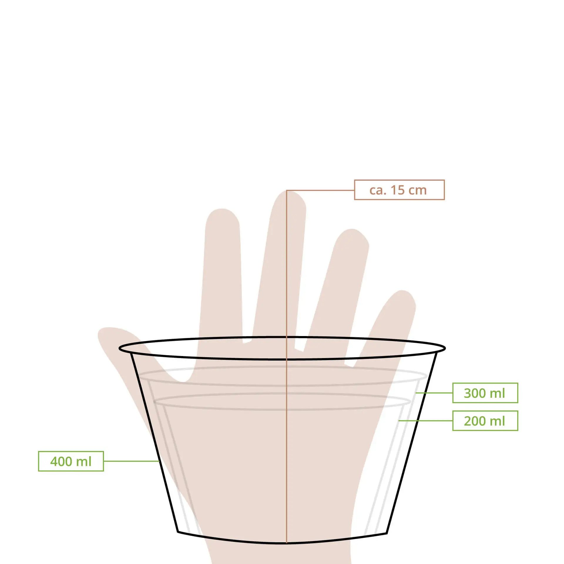 Przezroczysty kartonowy kubek do zupy pokazany z ręką dla odniesienia rozmiaru; zawiera oznaczenia objętości 200 ml, 300 ml i 400 ml.