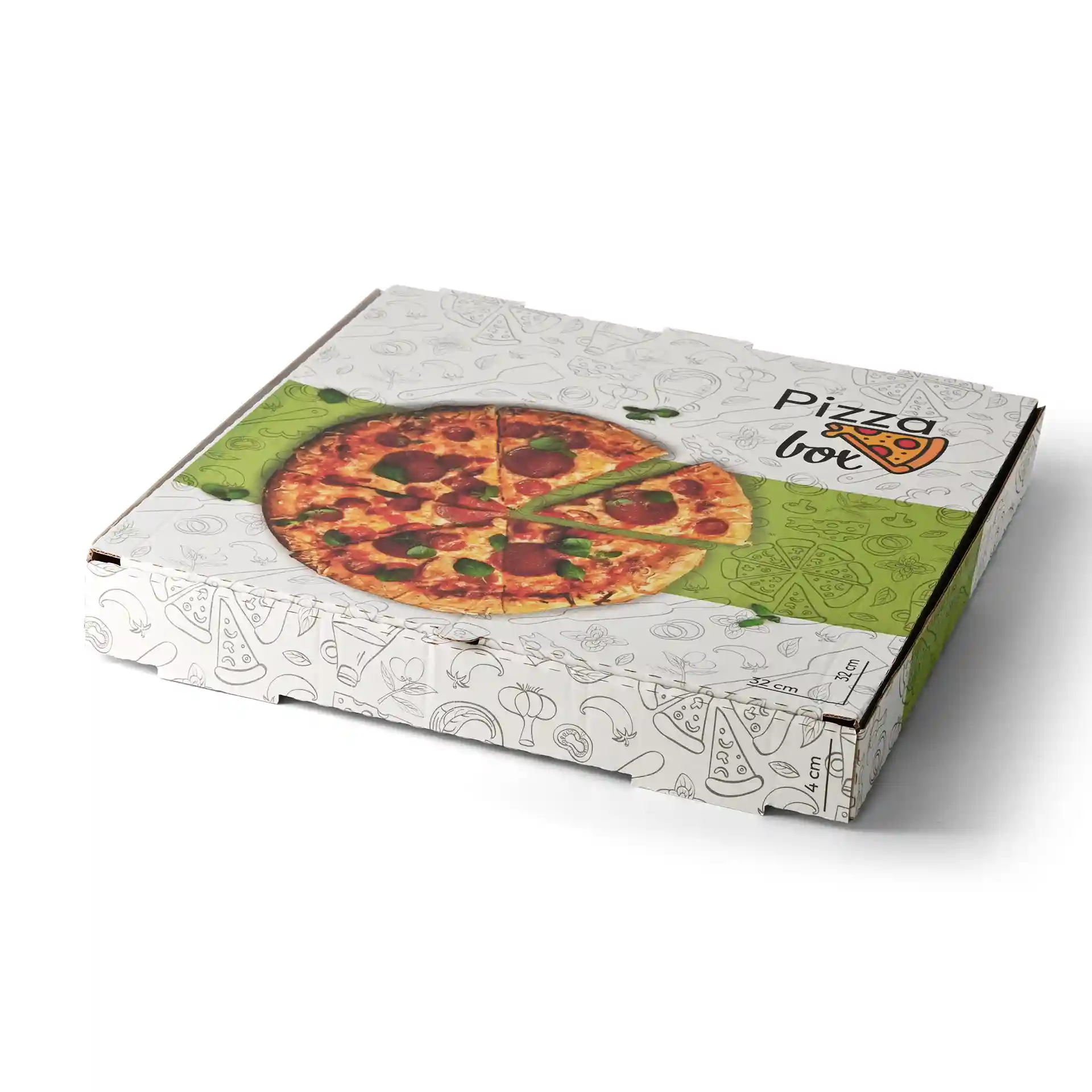Pudełko na pizzę z grafiką pizzy na górze, wymiary 32 x 32 x 4 cm, białe z ilustracjami jedzenia.