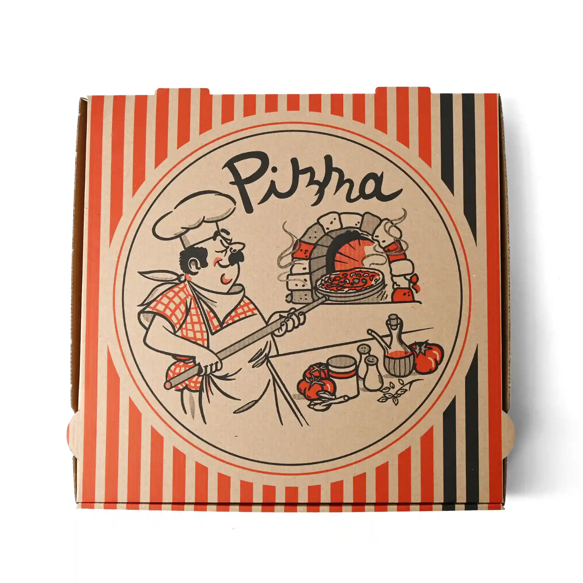 Pudełko na pizzę z wzorem kucharza pizzy, brązowy kolor, wymiary 30 x 30 x 4 cm.