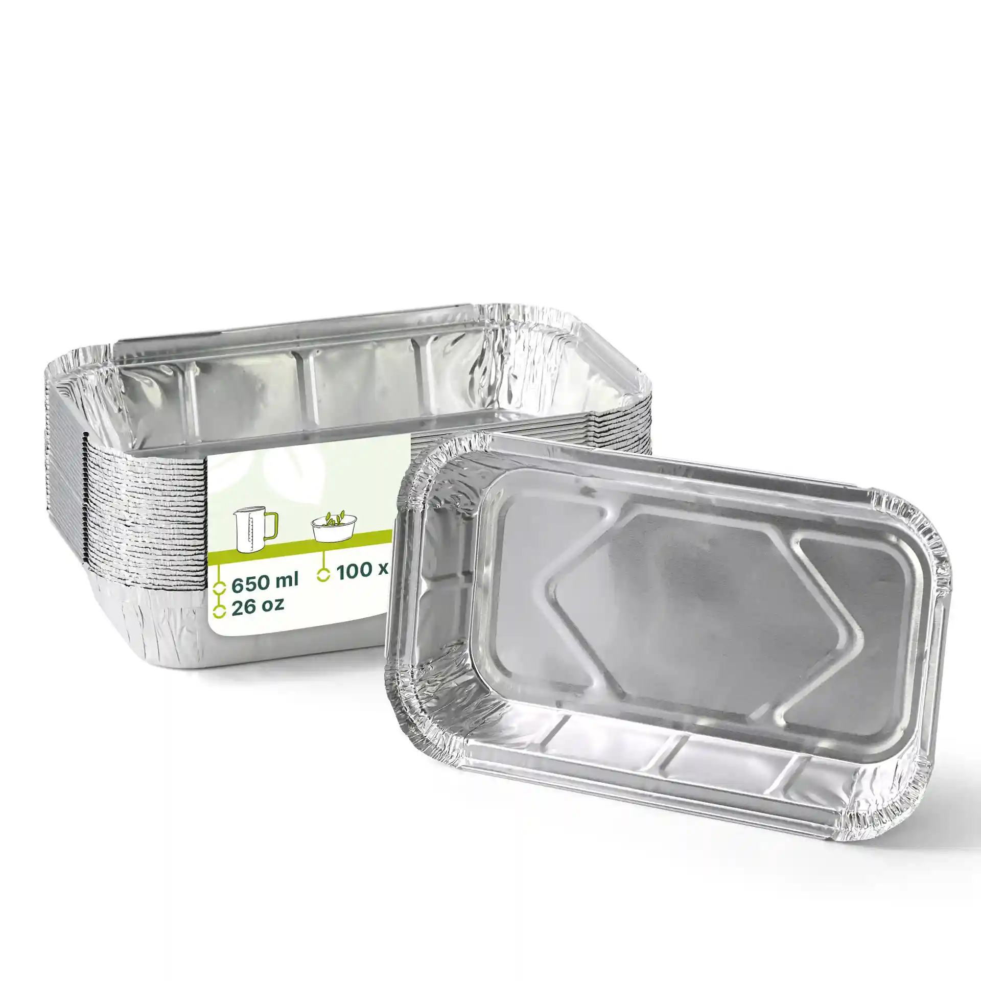 Prostokątne pojemniki aluminiowe o wymiarach 22,4 x 13,2 x 3,4 cm, z objętością napełnienia 650 ml.
