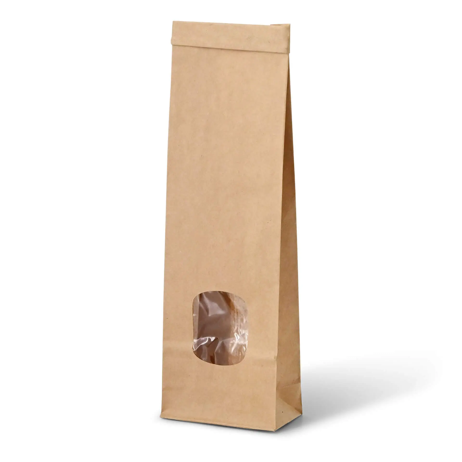 Brączna torba papierowa z oknem na dnie; posiada zamek, odpowiednia dla aromatycznych produktów. Wymiary: 7,5 x 4,5 x 24 cm.