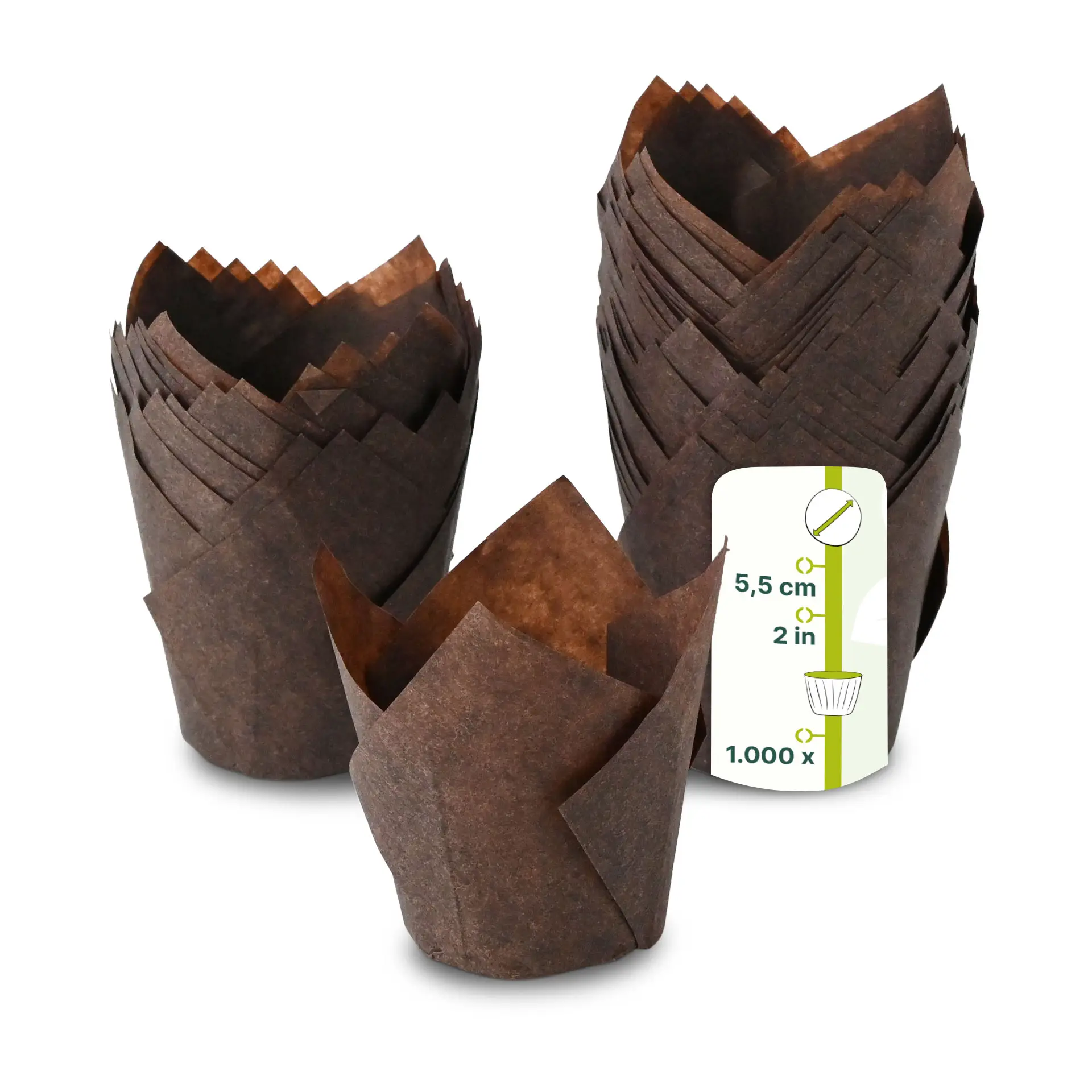 Brązowe papierowe foremki na muffiny, średnica 5 cm, ułożone z etykietą wskazującą ilość i wymiary. Idealne do pieczenia i serwowania.