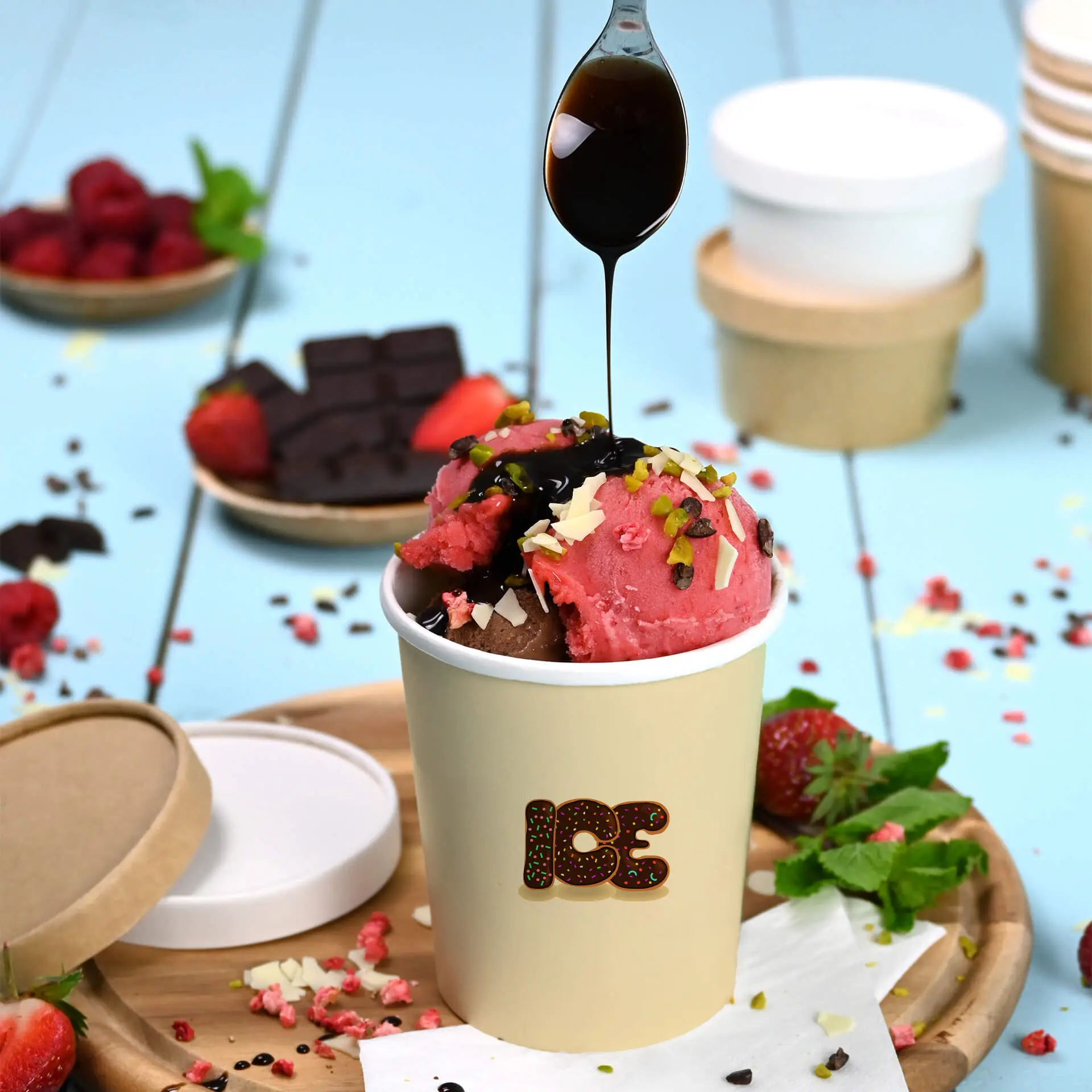 Kubek lodów wypełniony różowym i brązowym lodem, ozdobiony posypką i sosem, z łyżką kapiejącą sosem.