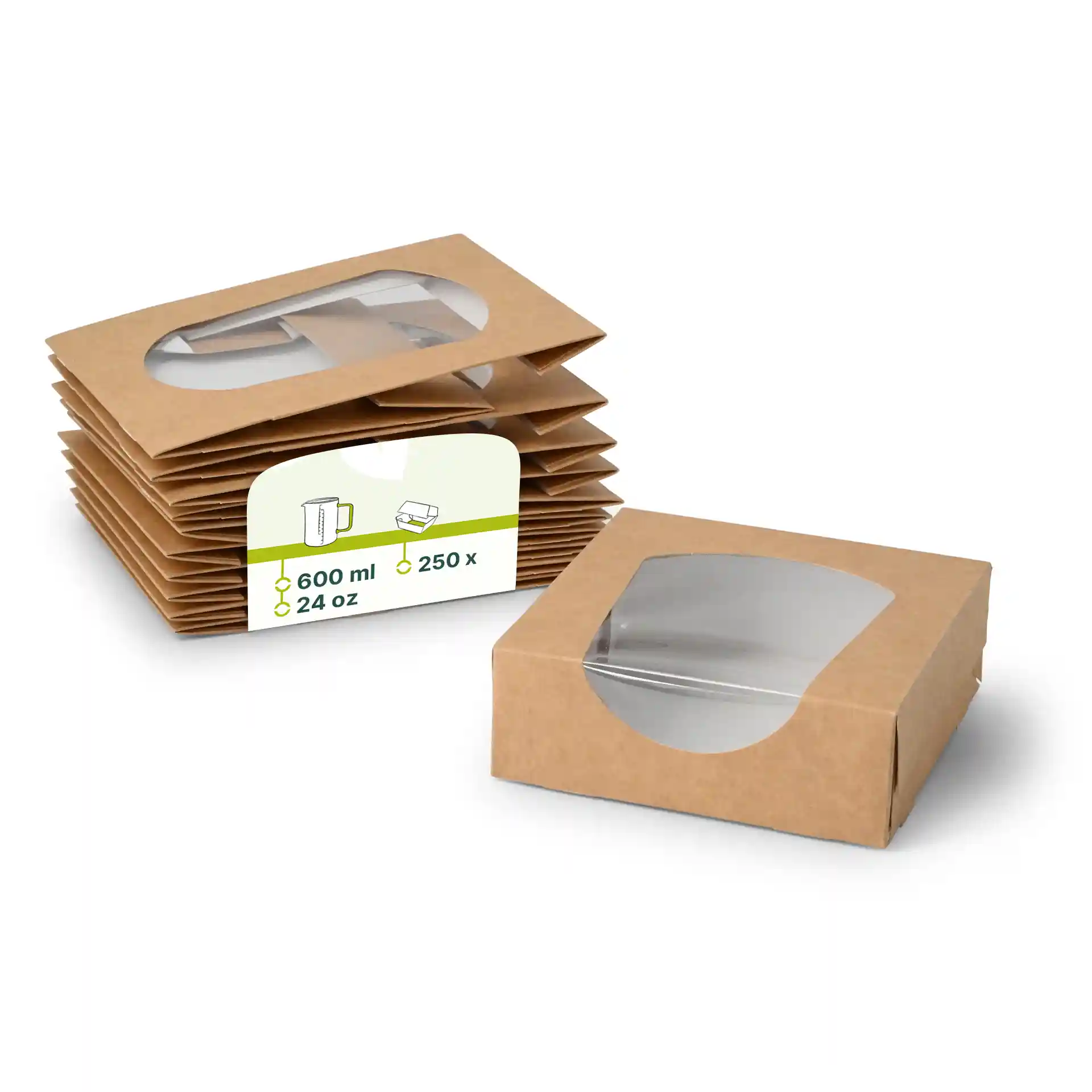 Brązowe kartonowe pudełka z oknem z celulozy, 12 x 12 x 4 cm, ułożone z jednym pudełkiem z przodu.