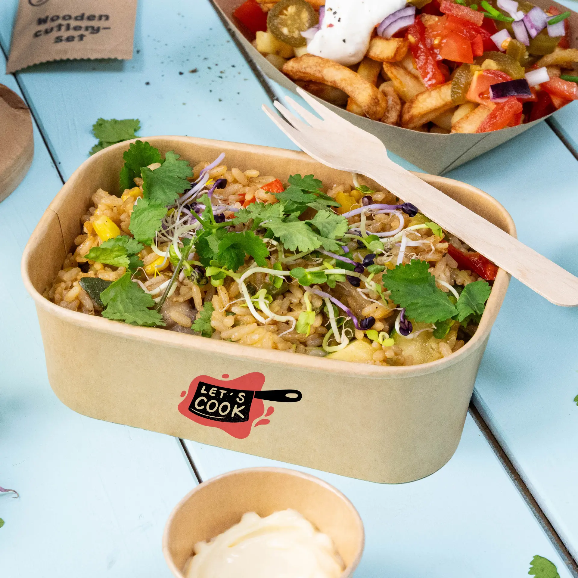 Miska sałatkowa z nadrukiem (prostokątna), 750 ml / 30 oz, brązowa, powłoka PLA