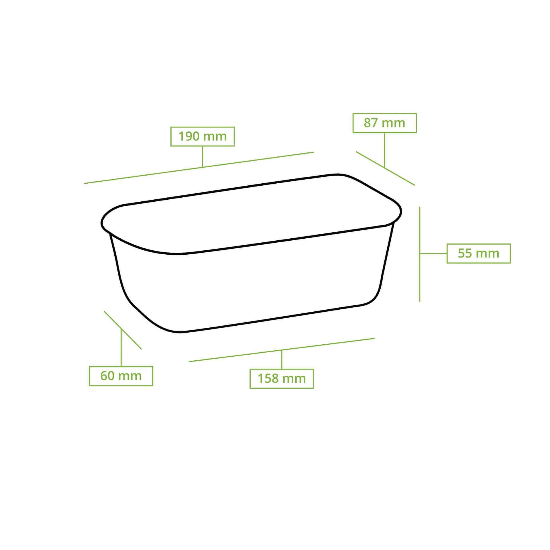 Prostokątna biodegradowalna forma do pieczenia z papieru kakaowego; wymiary: 190 mm × 87 mm × 55 mm, ilustracja w kolorze brązowym.