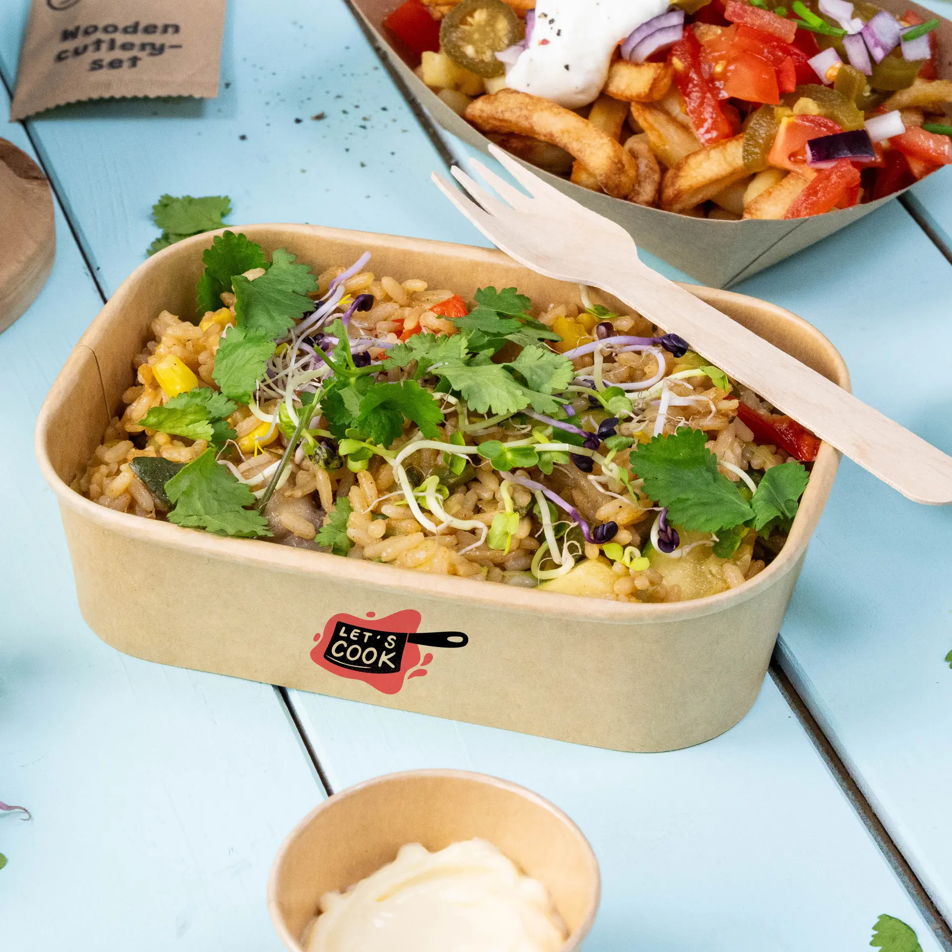 Miska sałatkowa z nadrukiem (prostokątna), 500 ml / 20 oz, brązowa, powłoka PE