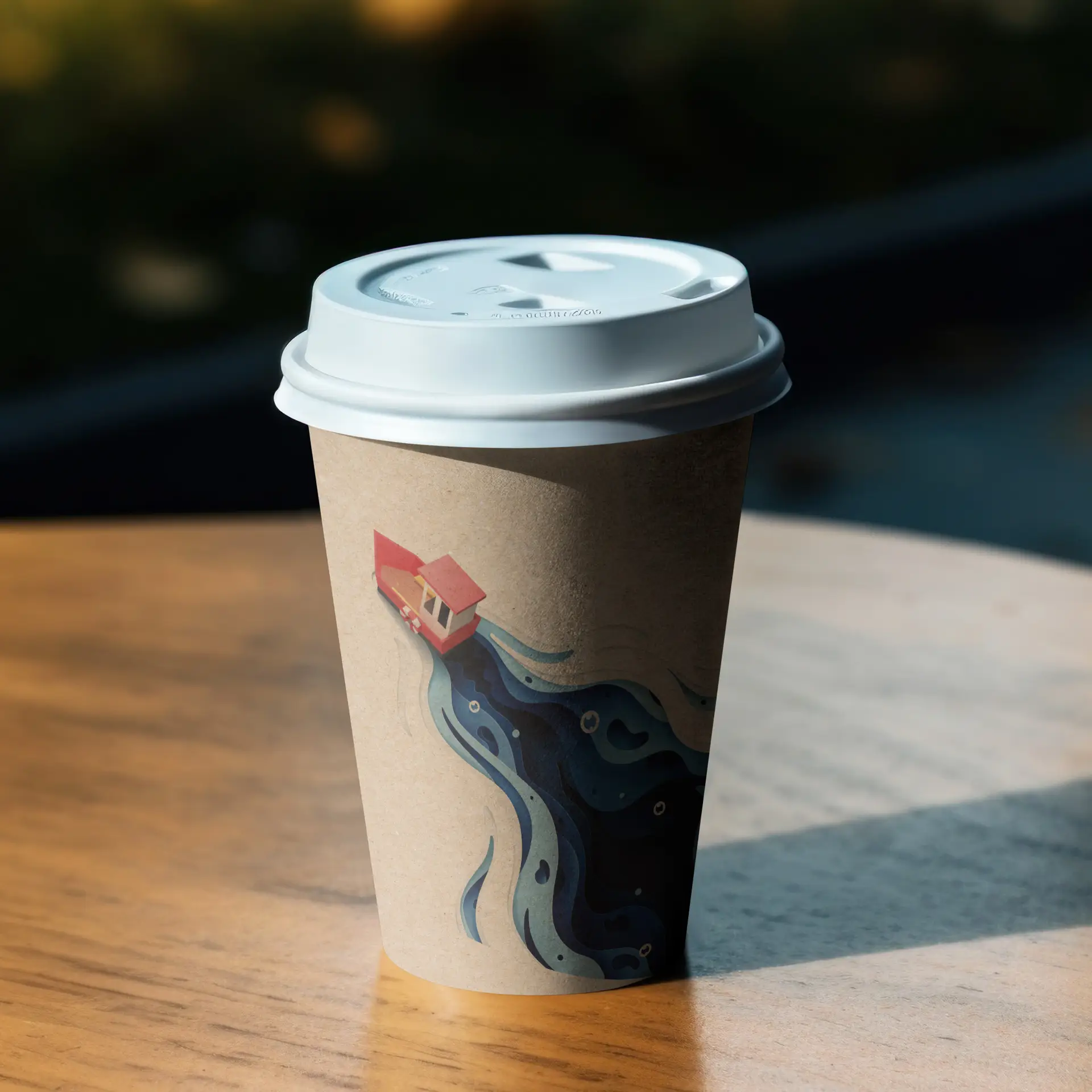 Jedna papierowa filiżanka o pojemności 300 ml z nadrukiem domu na wodzie, umieszczona na drewnianej powierzchni.