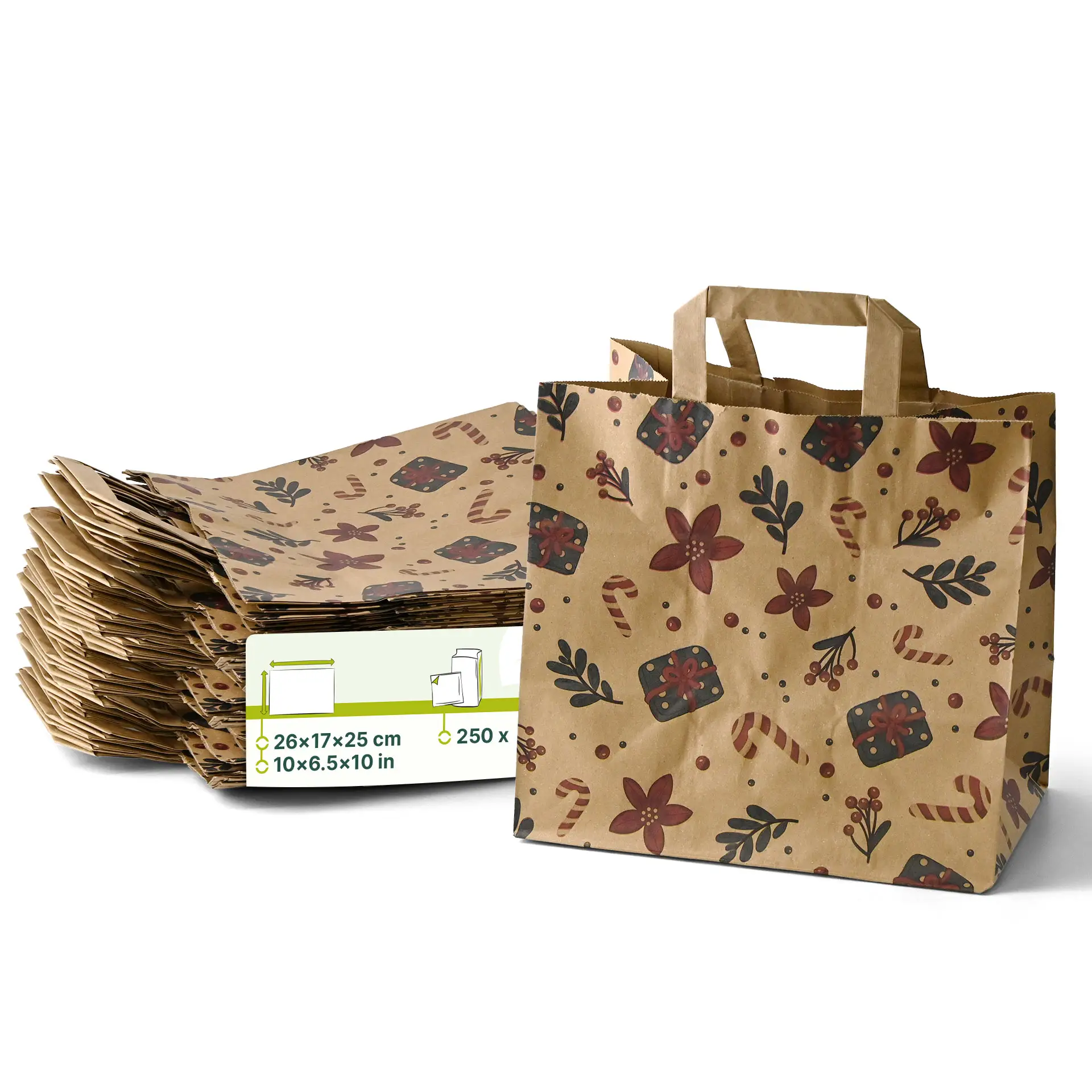 Brązowa torba papierowa z zimowym wzorem, wymiary 26x17x25 cm, pokazana z wieloma torbami ułożonymi za nią.