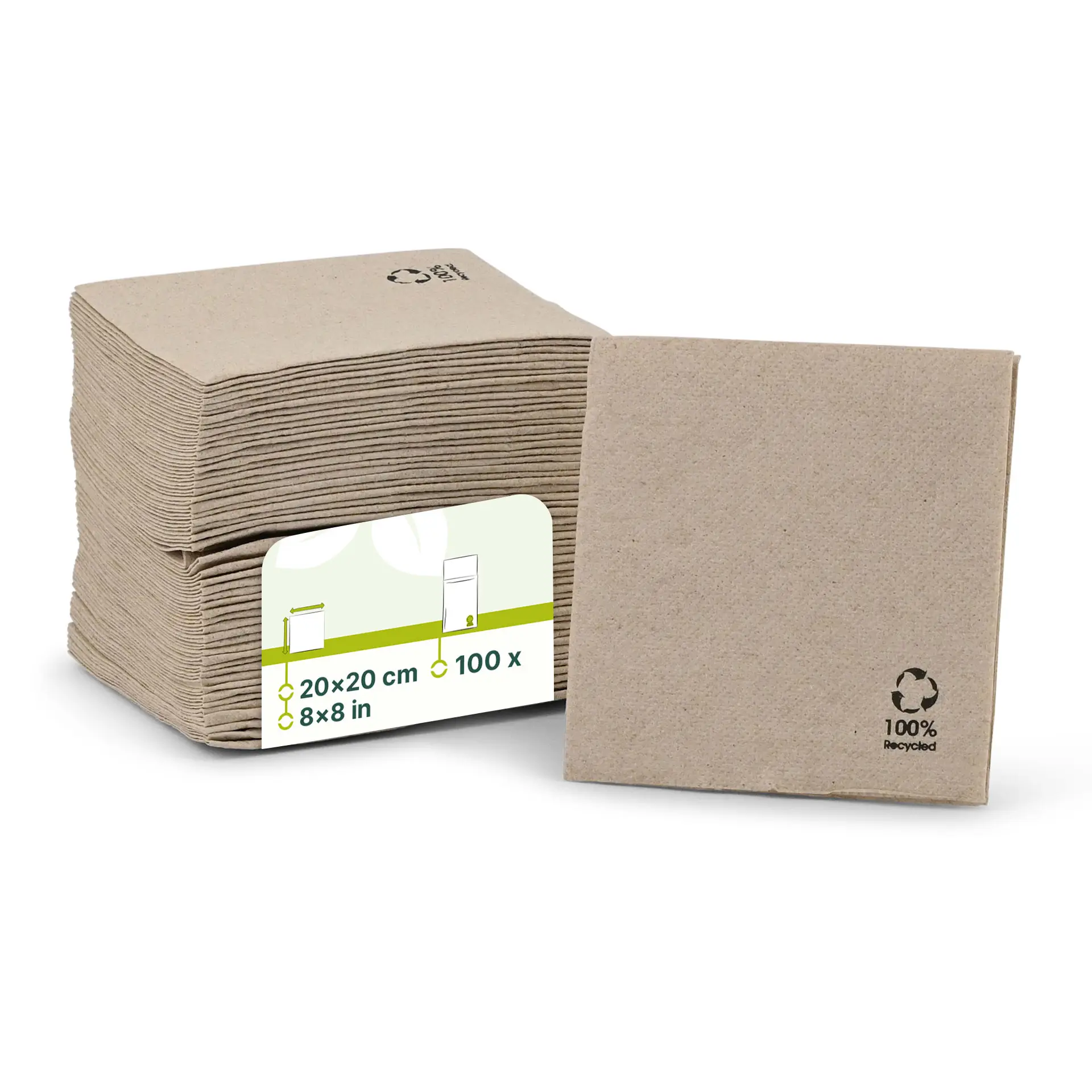 Serwetki koktajlowe z papieru recyklingowego; rozmiar 20 x 20 cm; dwie warstwy; biodegradowalne z dyskretnym nadrukiem recyklingowym.