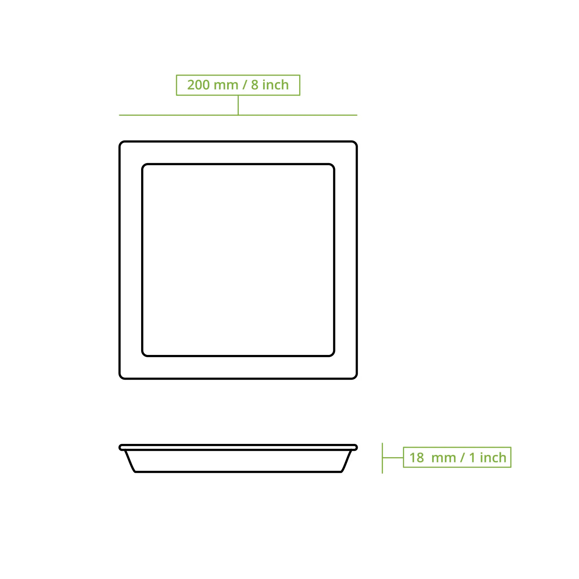 Kwadratowa talerz z liści palmowych o wymiarach 20 x 20 cm z małym rantem na sos; pokazuje wymiary 200 mm i 18 mm w płaskim designie.