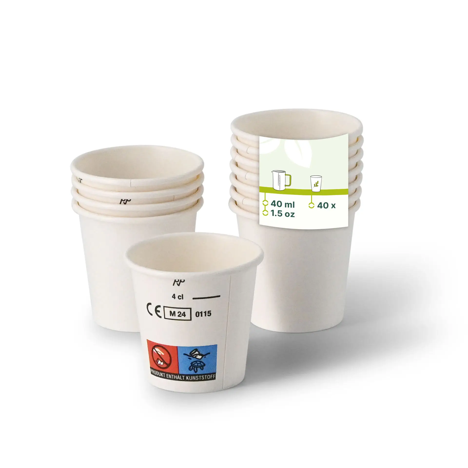 Jedna biała papierowa filiżanka na pierwszym planie; kilka podobnych filiżanek z tyłu o zmniejszonej przezroczystości; filiżanki mają pojemność 40 ml / 1,5 oz, pokryte PE.