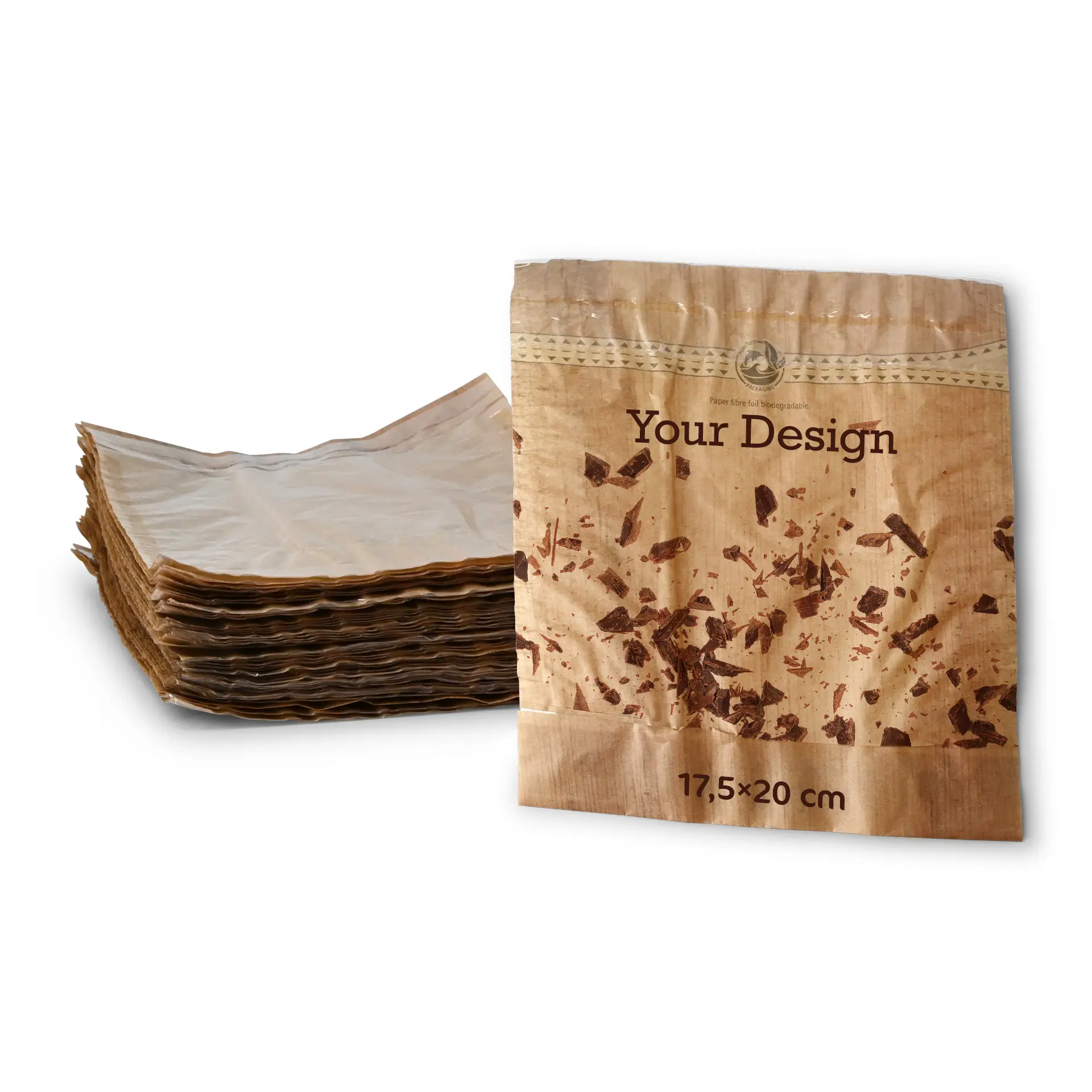 Torby na przekąski z nadrukiem, 17,5 x 20 cm, brązowe, z okienkiem foliowym i zamknięciem samoprzylepnym